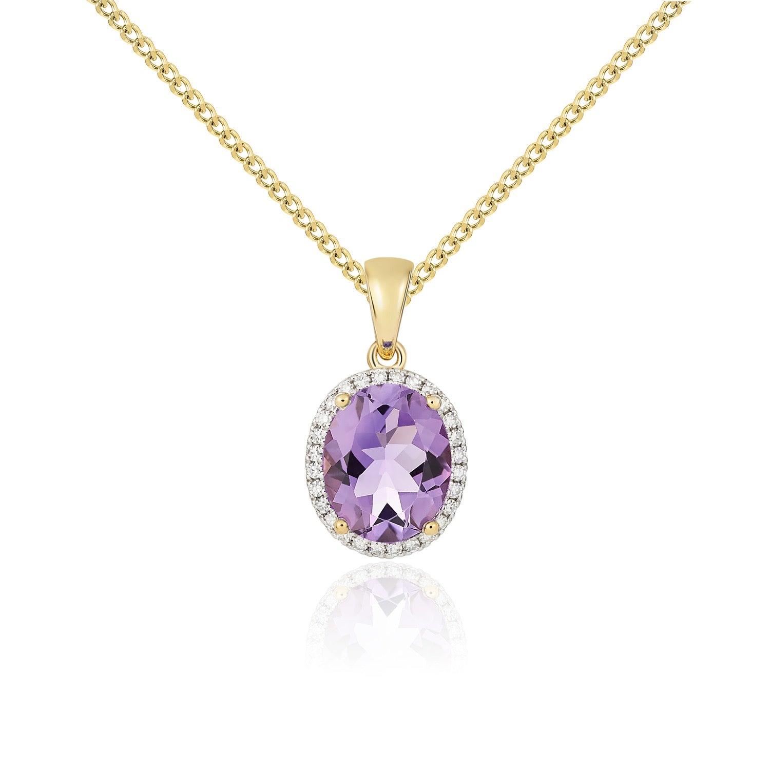 9ct Yellow Gold Oval Amethyst & Diamond Cluster Pendant