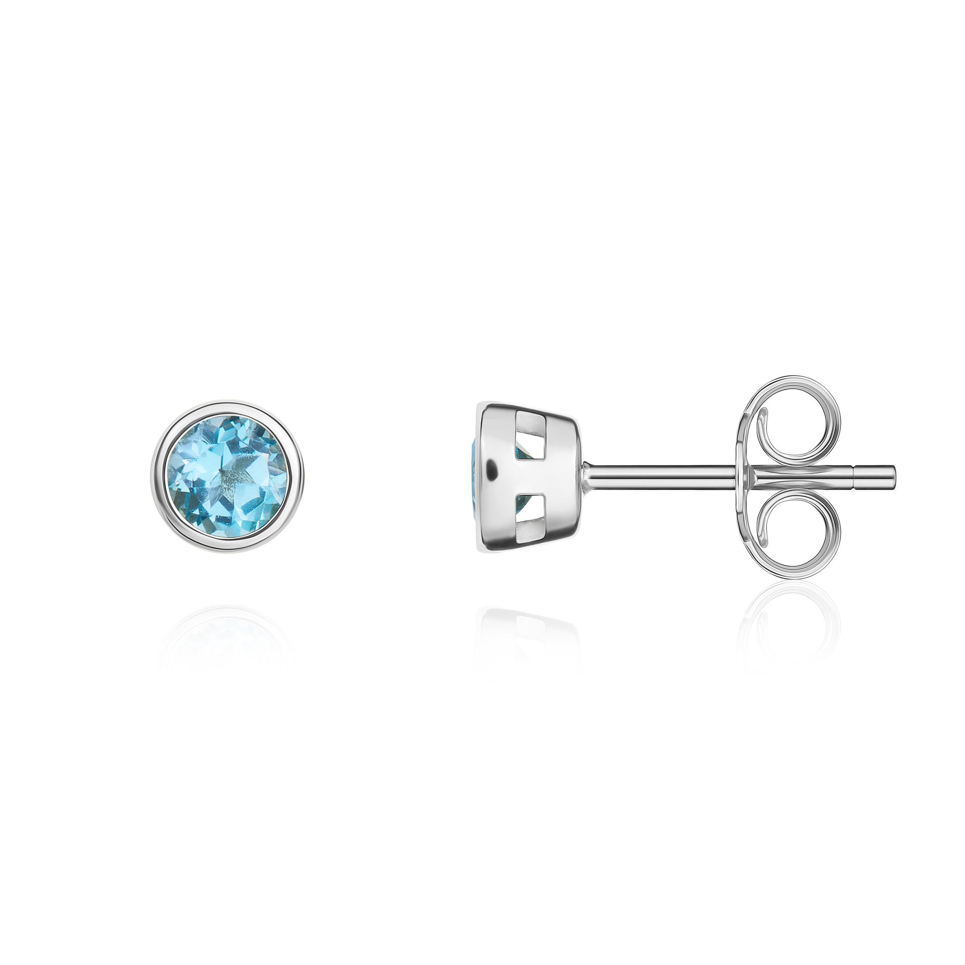 9ct White Gold 3mm Round Swiss Blue Topaz Rubover Stud Earrings