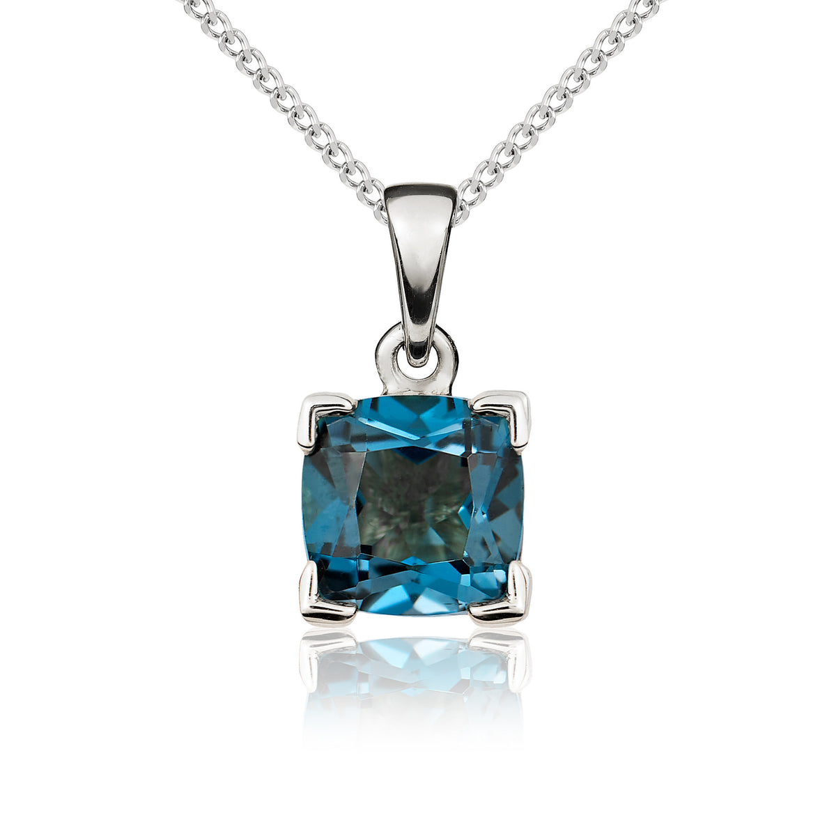 9ct White Gold 8mm Cushion London Blue Topaz Claw Set Pendant