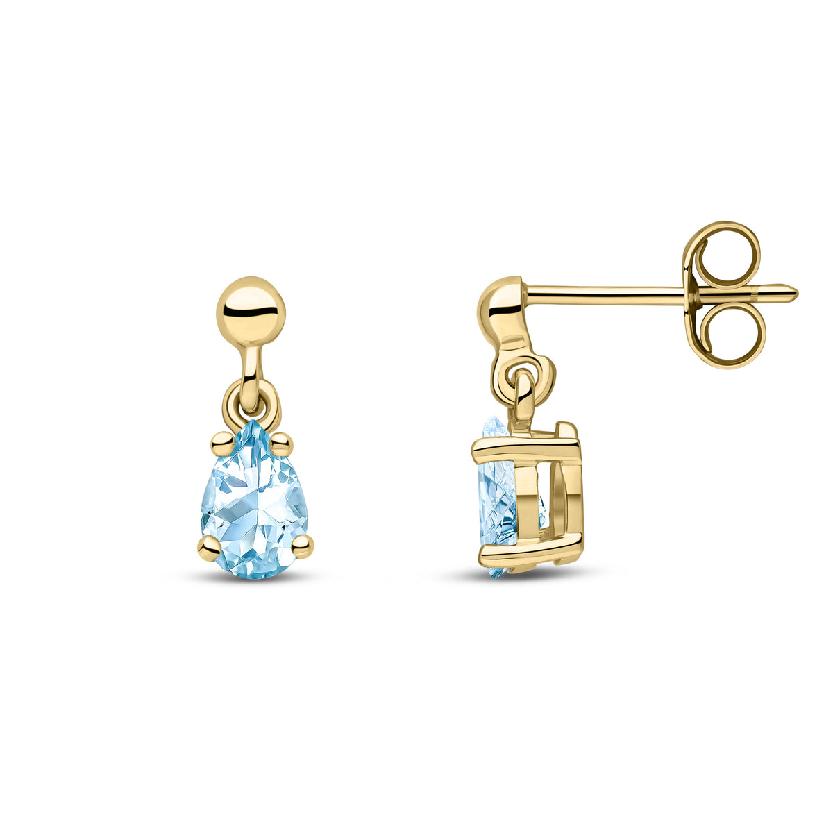 9ct Yellow Gold 6x4 Pear Shape Aquamarine Claw Set Drop Earrings with Bead Top