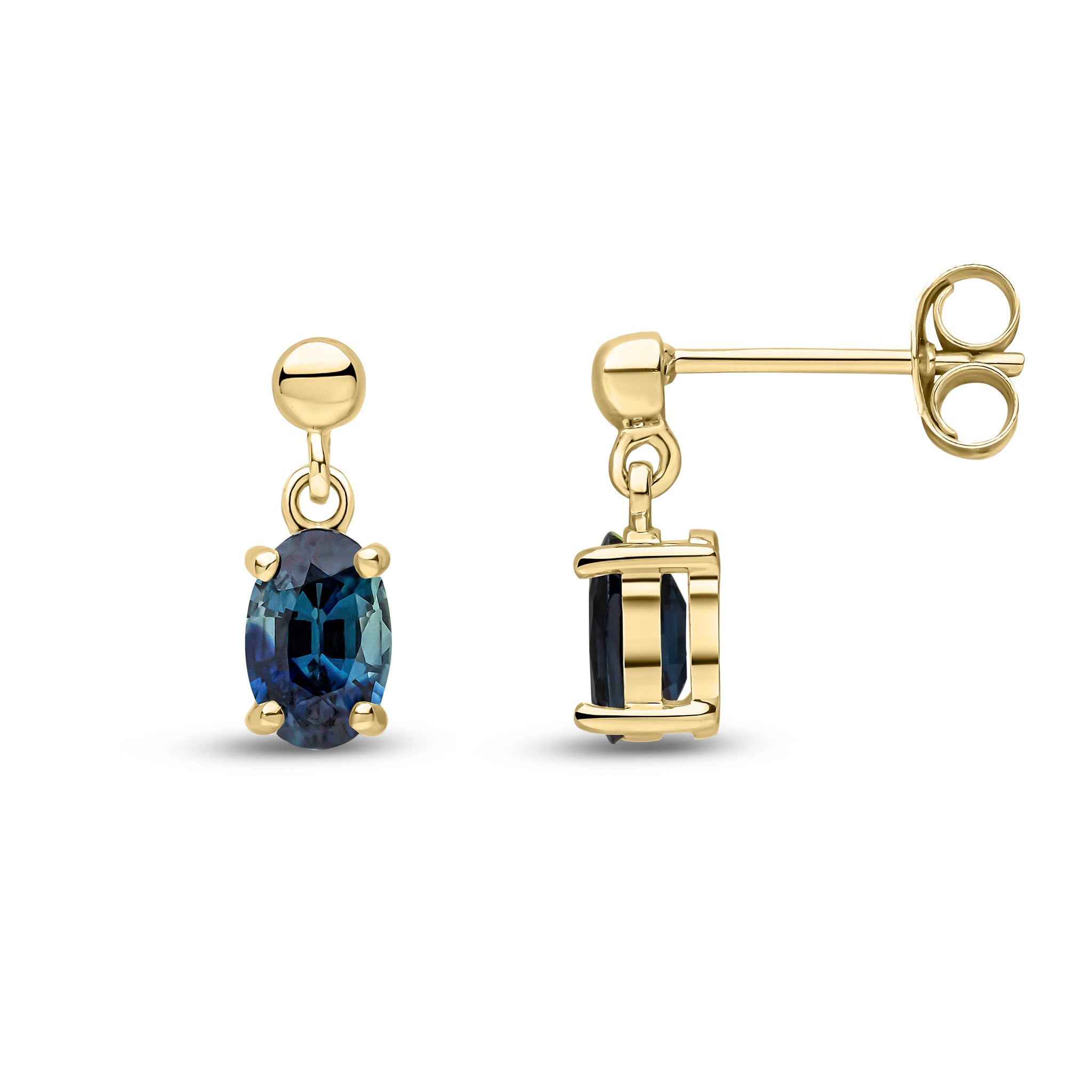 9ct Yellow Gold 6x4 Oval Sapphire Claw Set Drop Earrings with Bead Top