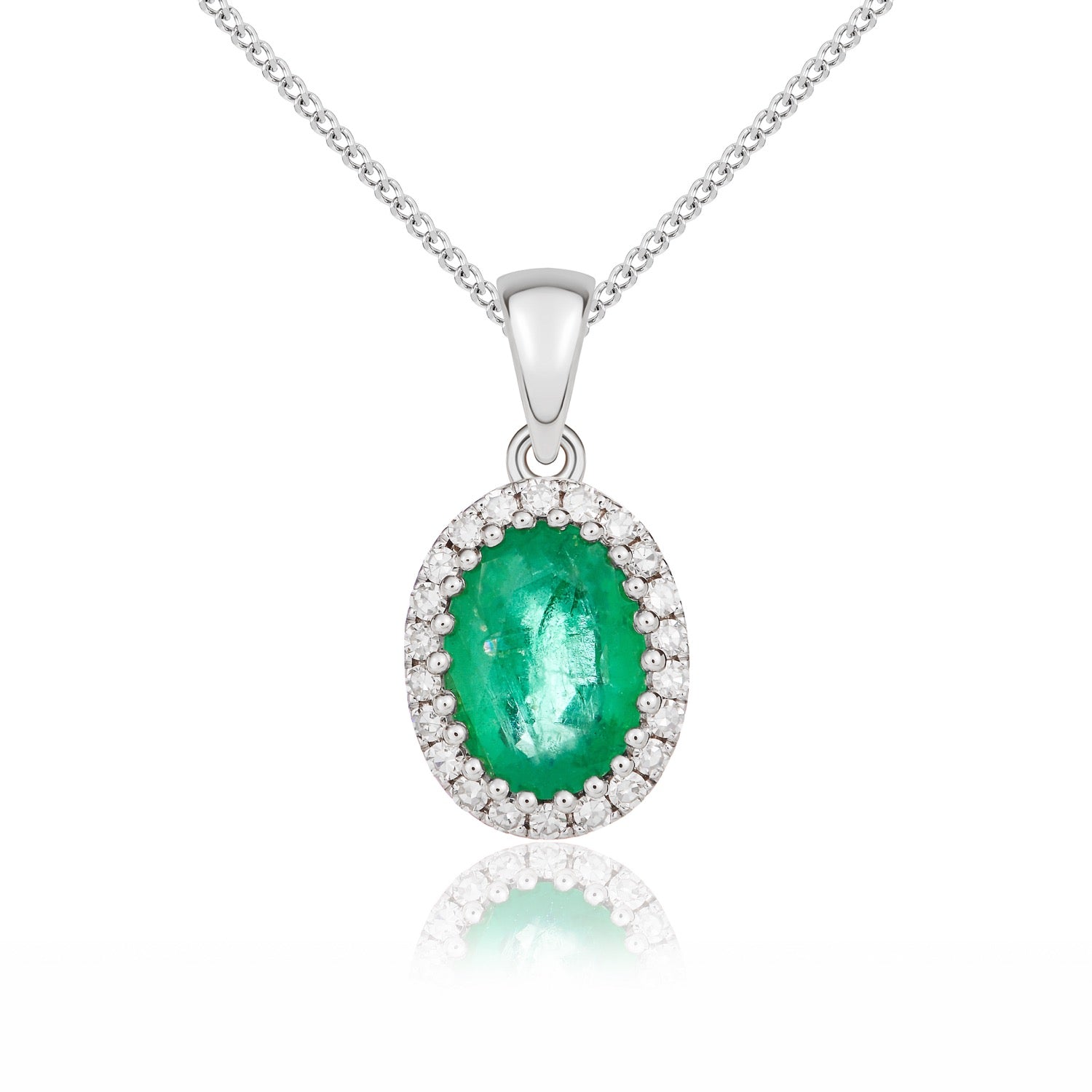 9ct White Gold Oval Emerald and Round Diamond Claw Set Cluster Pendant with Plain Loop