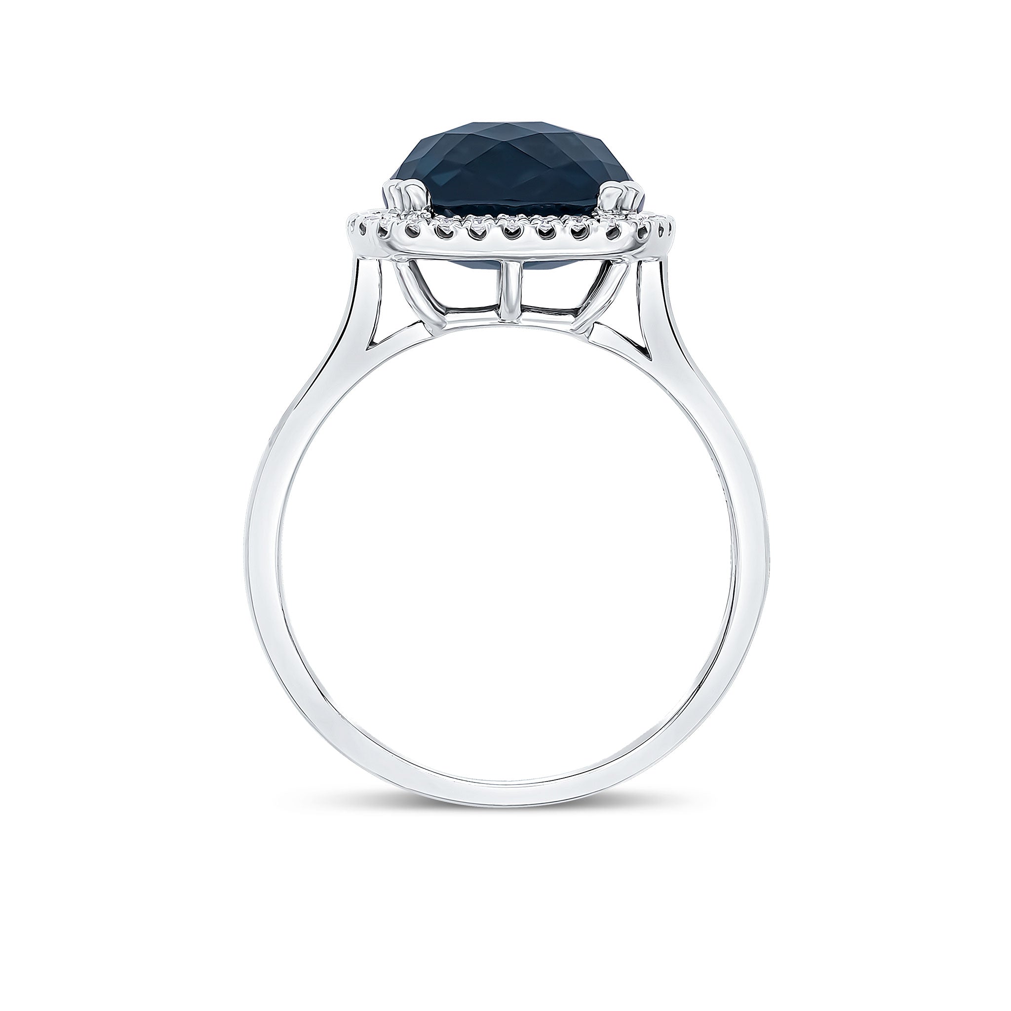 9CT WG 10MM CHECKERBOARD CUT CUSHION LONDON BLUE TOPAZ & DIAMOND CLAW SET CLUSTER RING 1