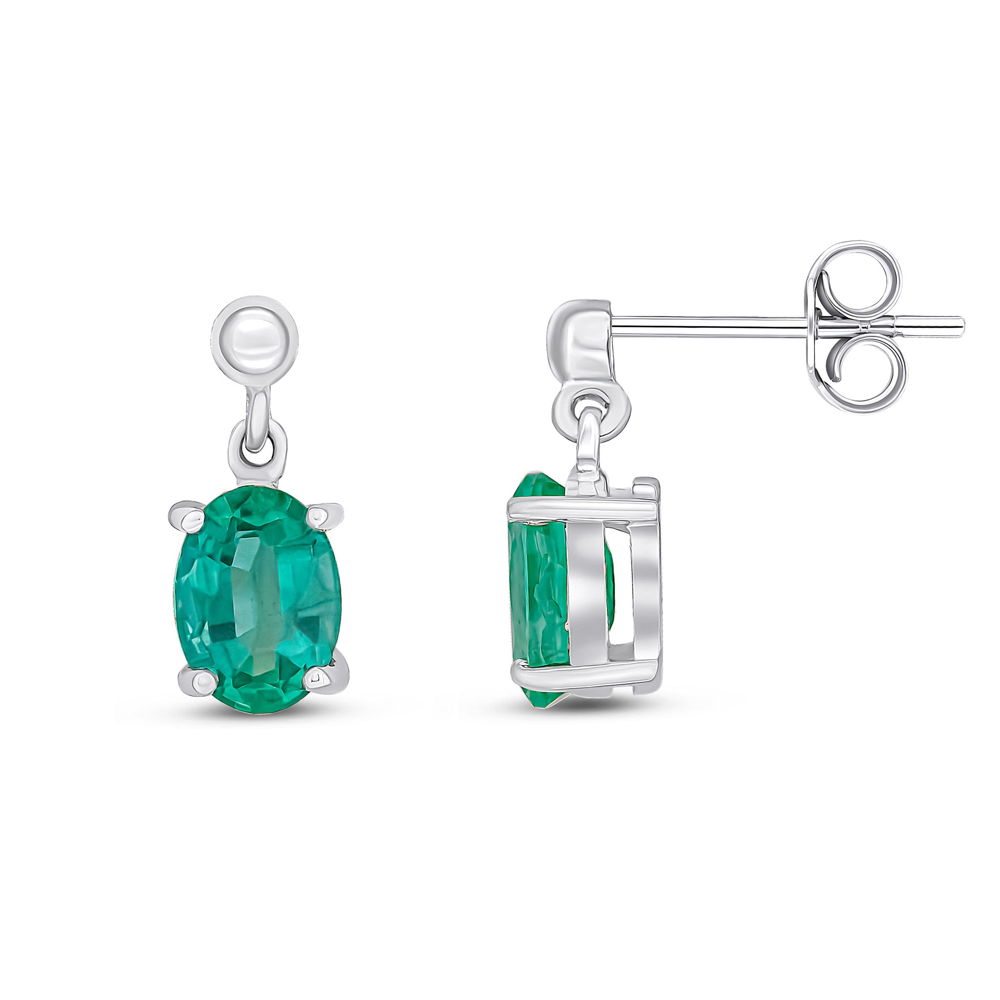 9ct White Gold 7x5 Oval Emerald Claw Set Drop Earrings with Bead Top