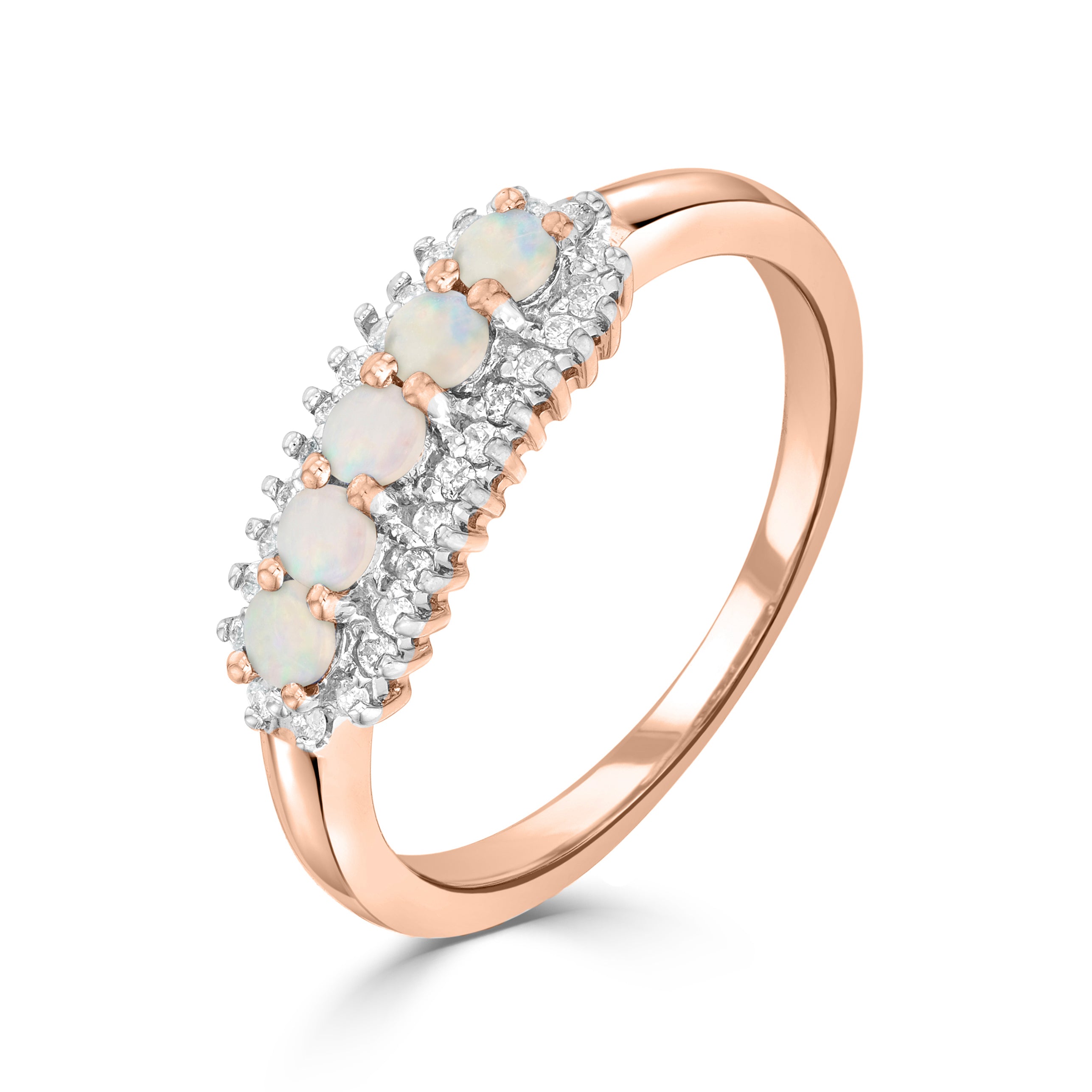 9ct Rose Gold Round Opal and Round Diamond 3 Row Claw Set Band Ring Rhodium to Diamonds