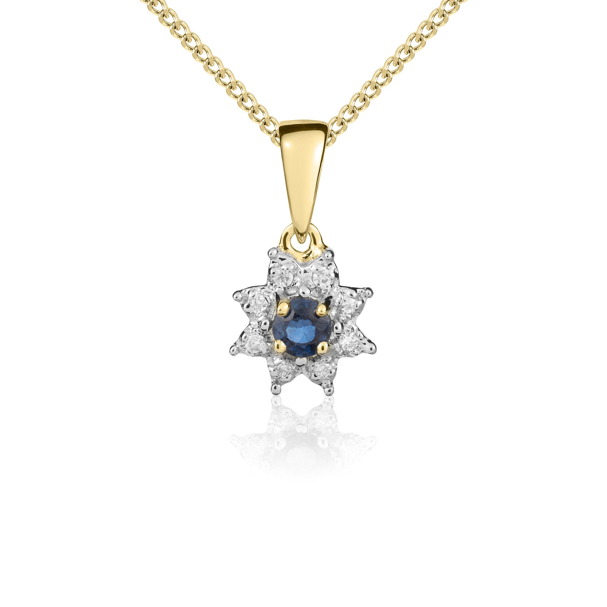 9ct Yellow Gold Round Blue Sapphire & Diamond Cluster Pendant