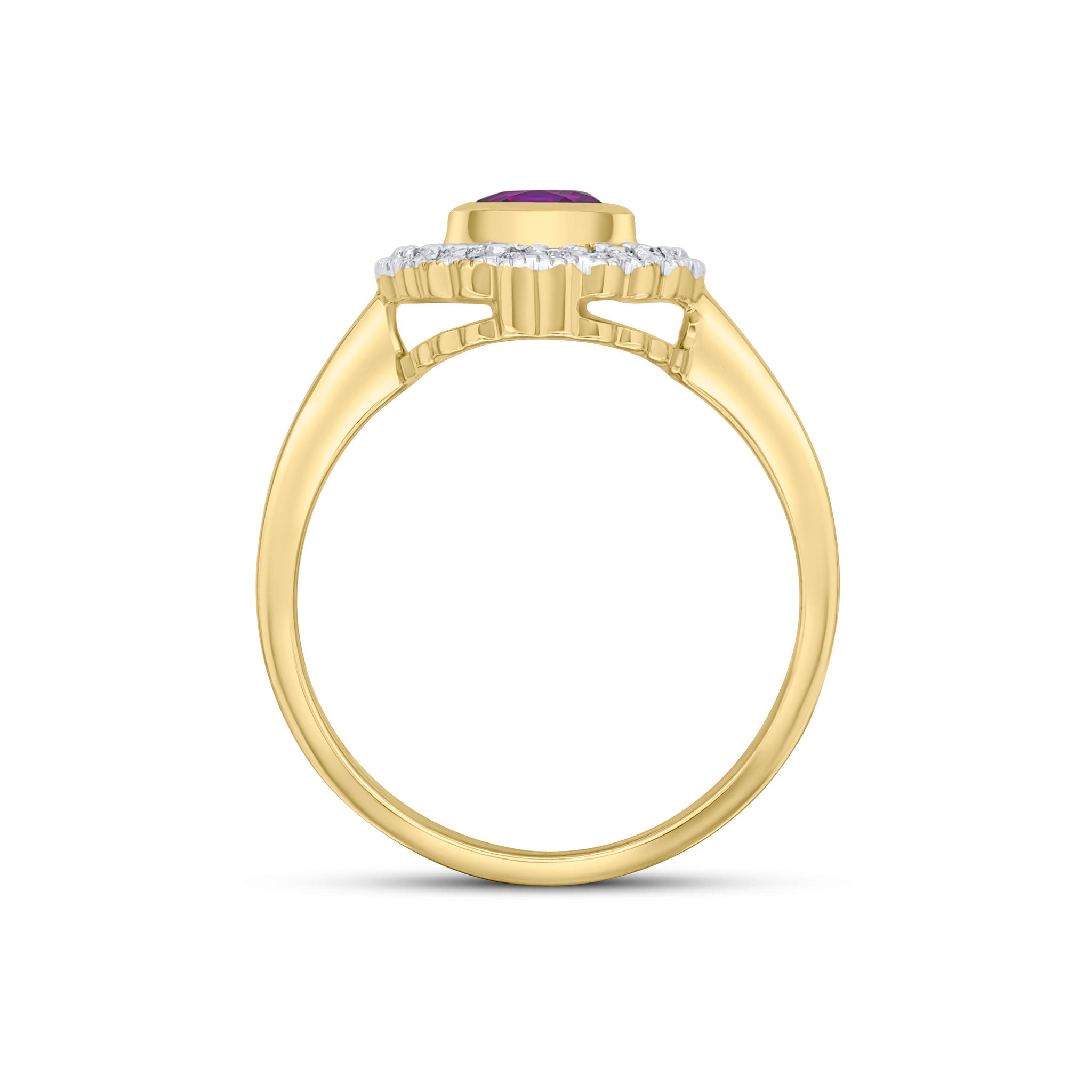 9CT YELLOW GOLD ROUND RUBOVER AMETHYST AND MILLEGRAIN ROUND DIAMOND CLUSTER RING. RHODIUM TO DIAMONDS 1