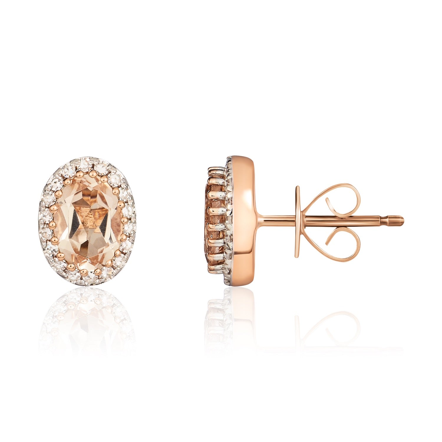 9ct Rose Gold 6x4 Oval Morganite & Diamond Cluster Earrings