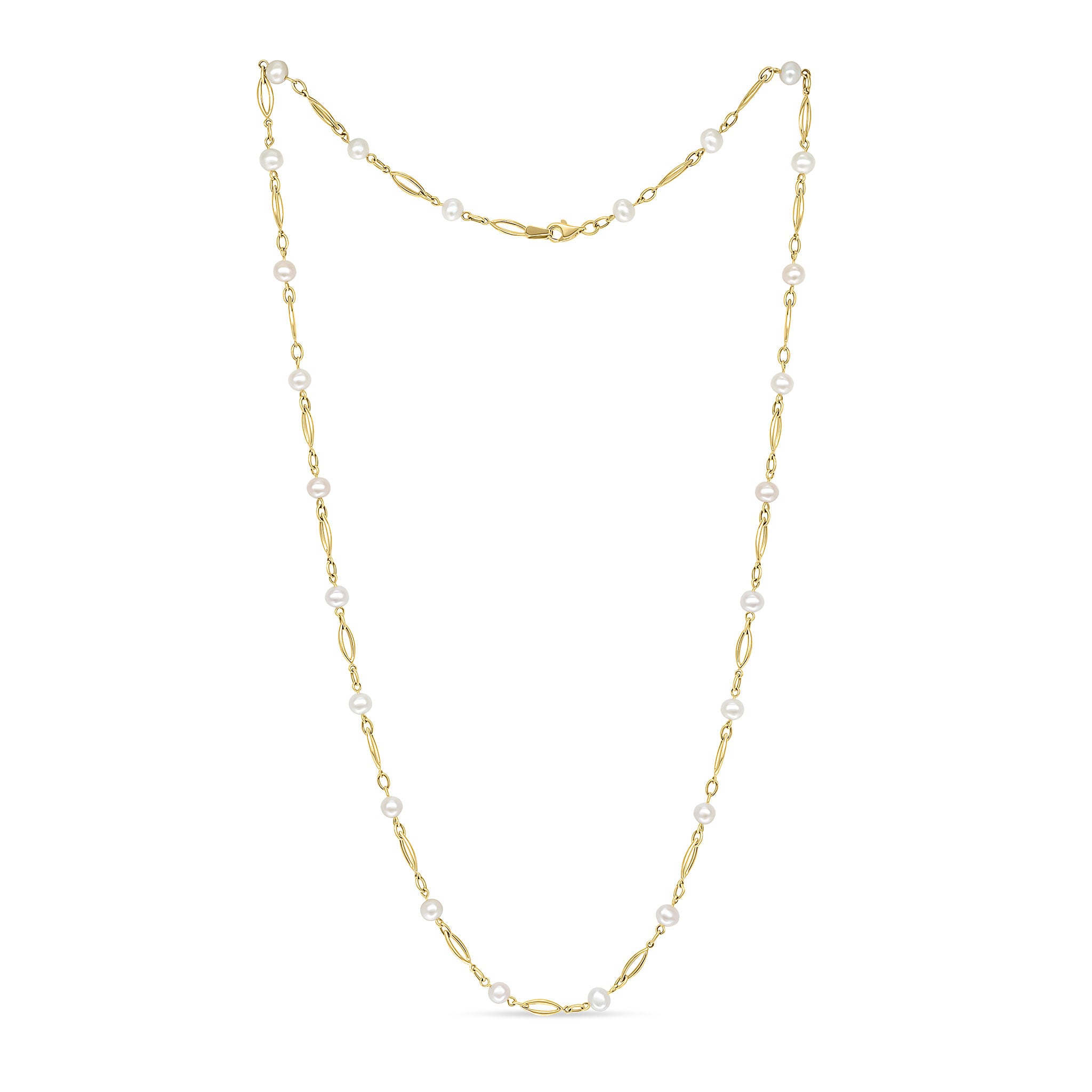 9ct Yellow Gold Open Marquise Links Design & Cultured Freshwater Pearl Necklace 24"