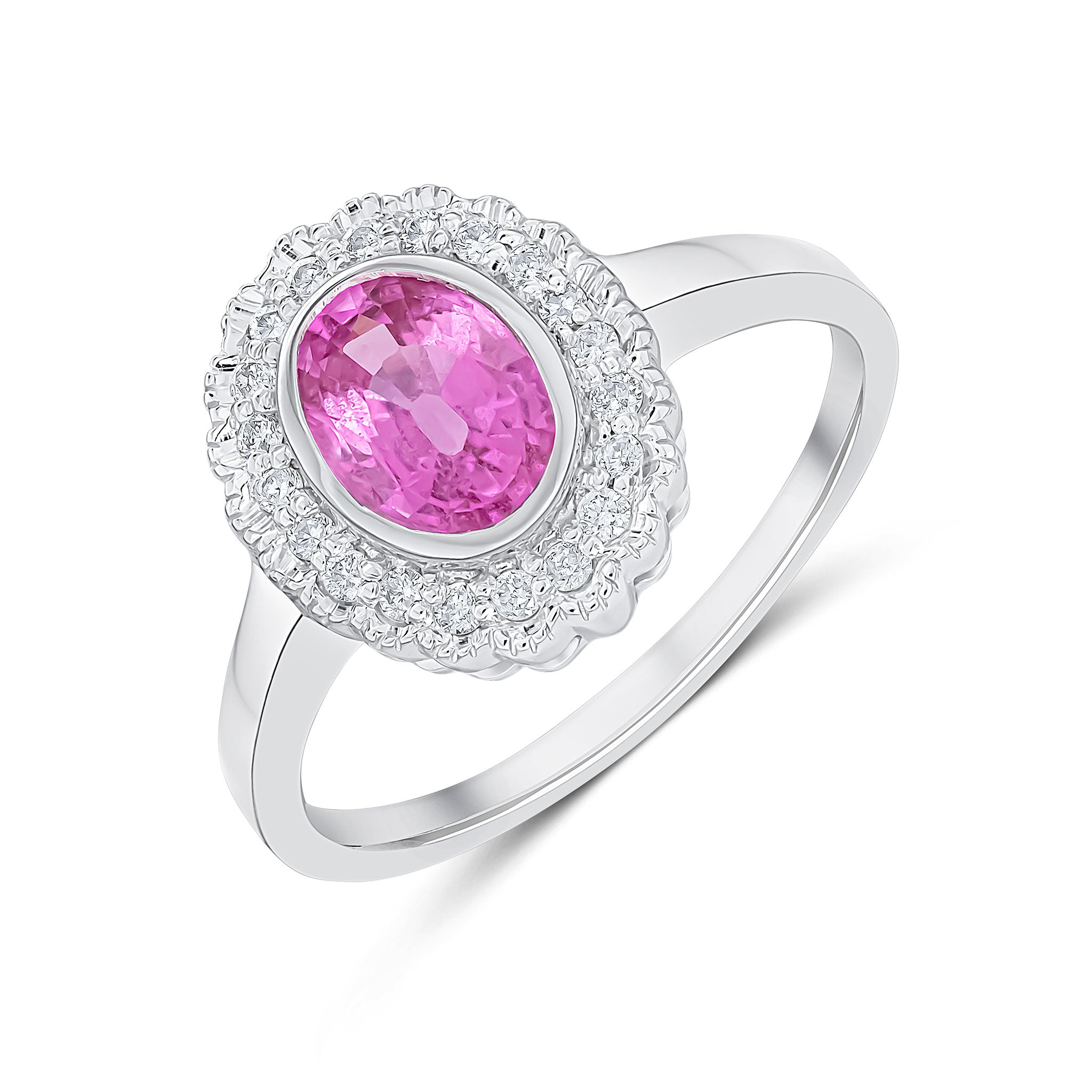 9ct White Gold Rubover Oval Pink Sapphire and Milgrain Round Diamond Cluster Ring Stone Shortage So Can't Order