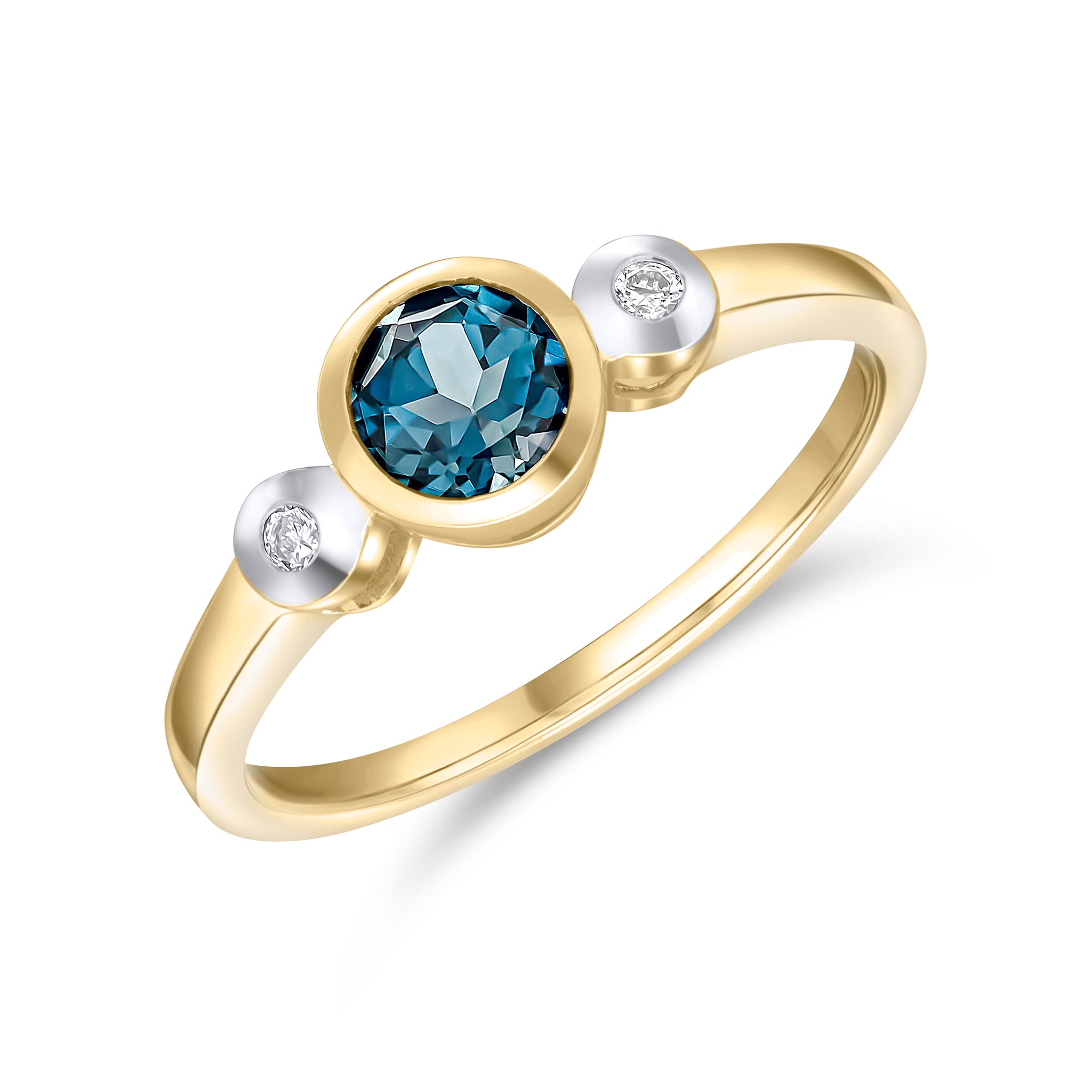 9ct Yellow Gold 5mm Round London Blue Topaz and Diamond Rubover 3 Stone Ring Rhodium to Diamonds