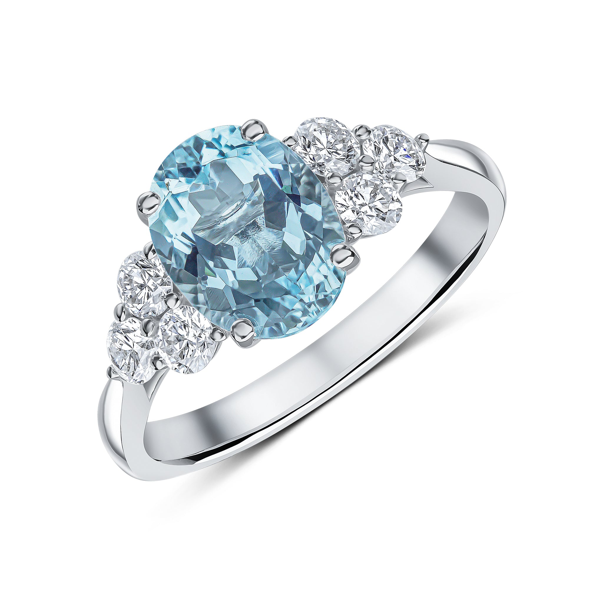 18ct White Gold 9x7 Oval Aquamarine and Diamond Trefoil Shoulders Claw Set Ring