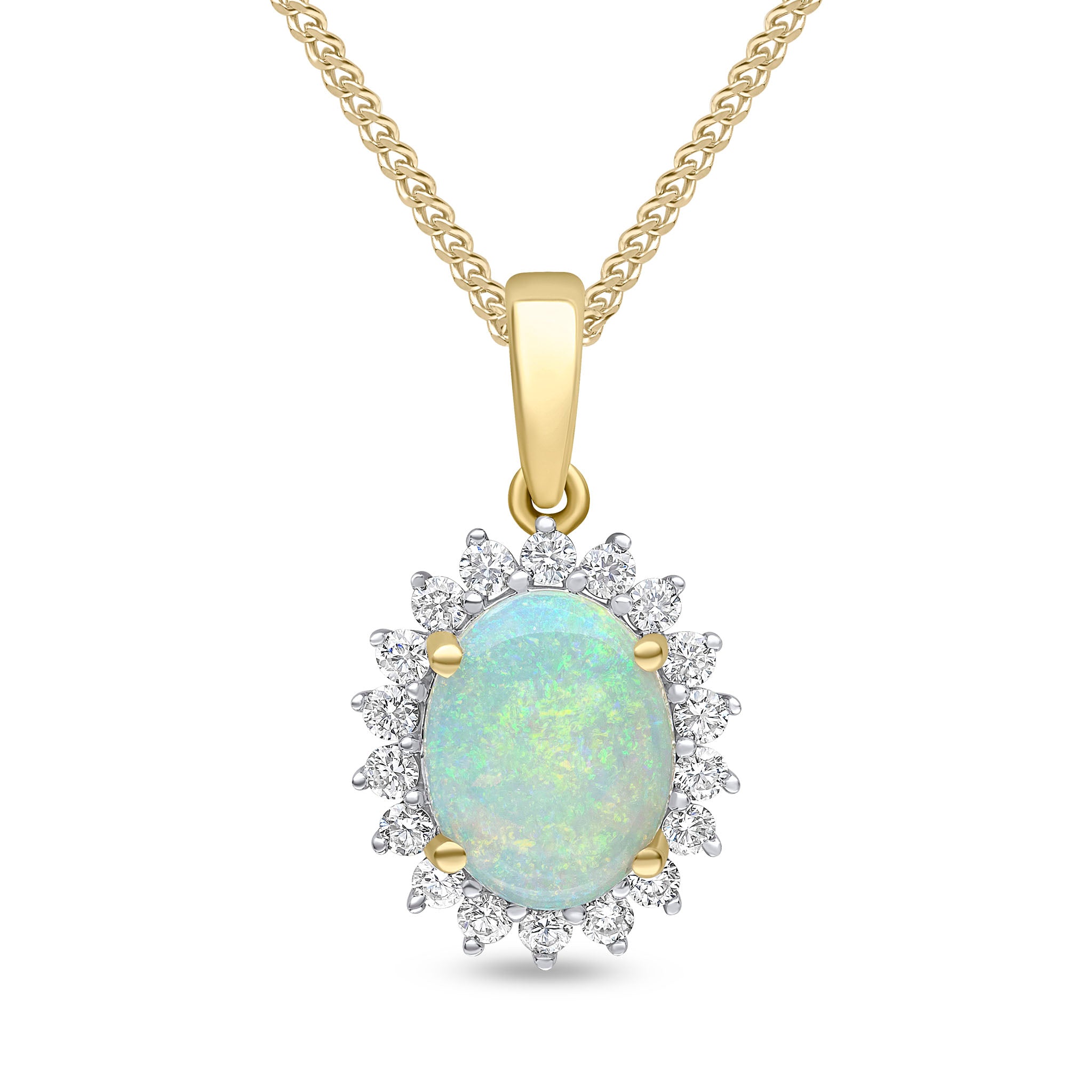 18ct Yellow Gold 9x7 Oval Opal & Diamond Claw Cluster Pendant Rhodium to Diamonds
