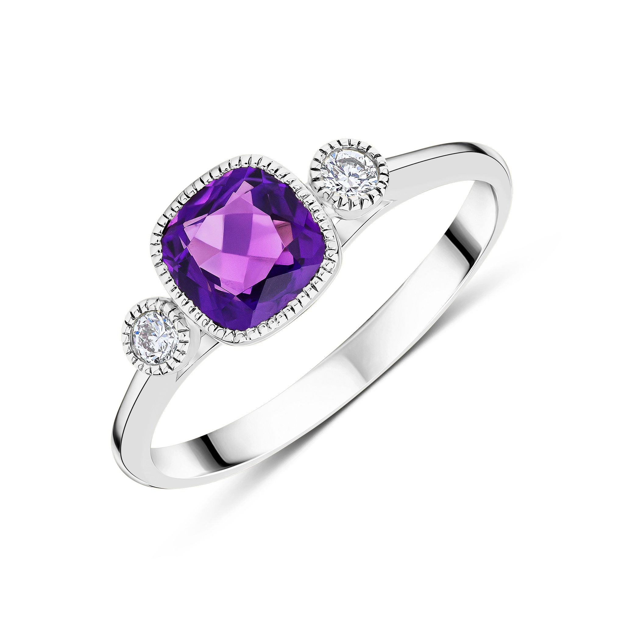9ct White Gold 6mm Cushion Amethyst & Round Diamond Milgrain Set 3 Stone Ring