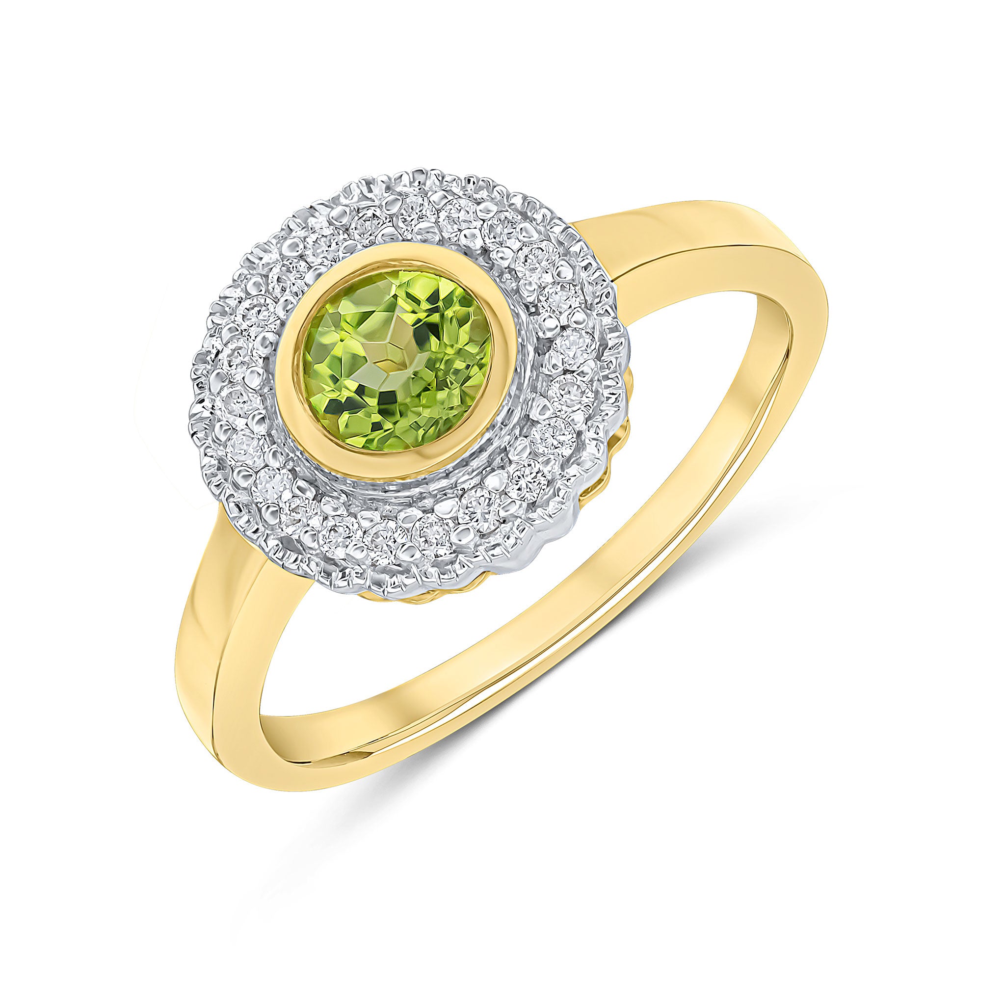 9CT YELLOW GOLD ROUND RUBOVER PERIDOT AND MILLEGRAIN ROUND DIAMOND CLUSTER RING. RHODIUM TO DIAMONDS 1