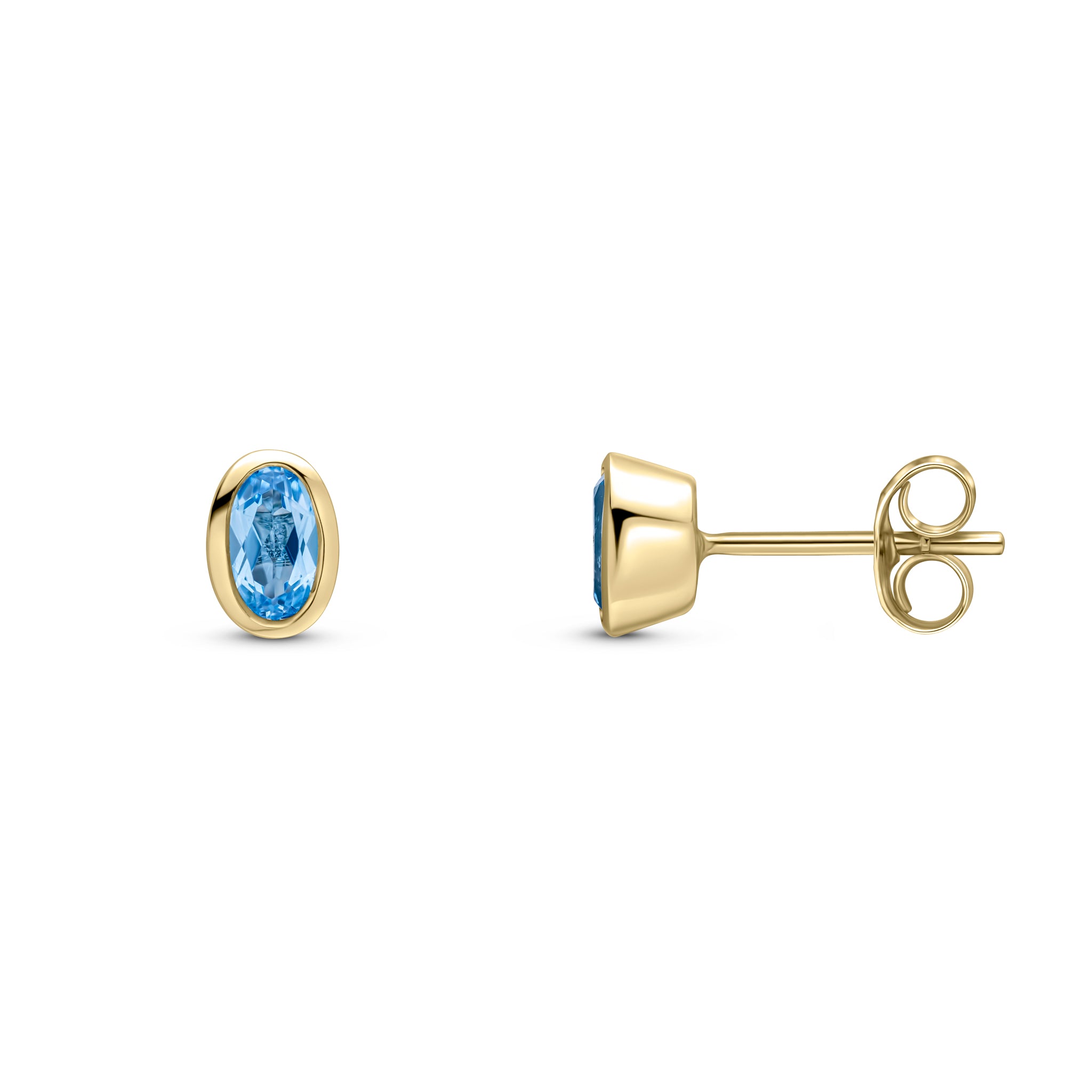 9ct yellow gold 5 x 3mm oval Swiss Blue Topaz rubover Stud Earrings
