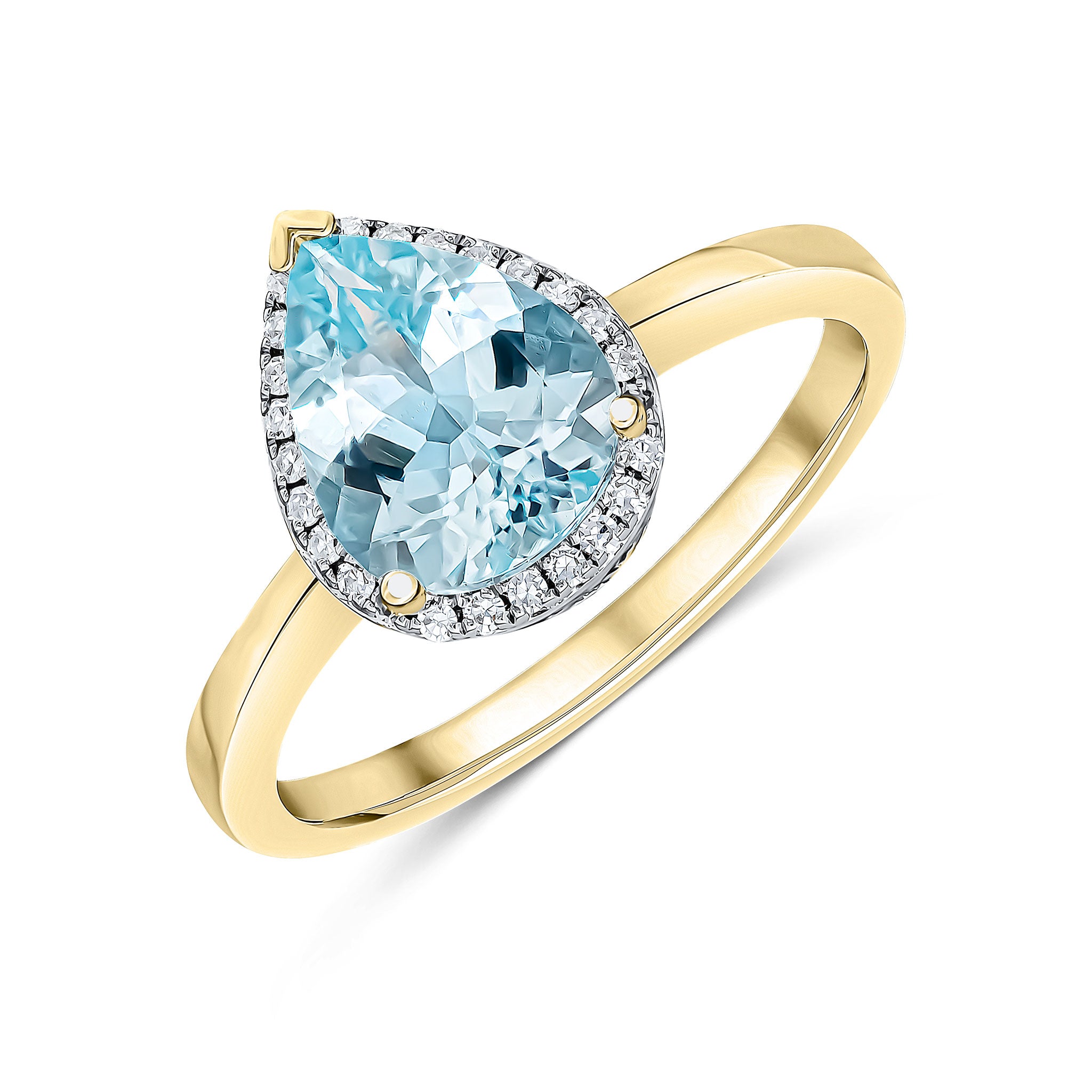 9ct Yellow Gold 9x7 Pear Shape Aquamarine & Diamond Claw Set Cluster Ring Rhodium to Diamonds