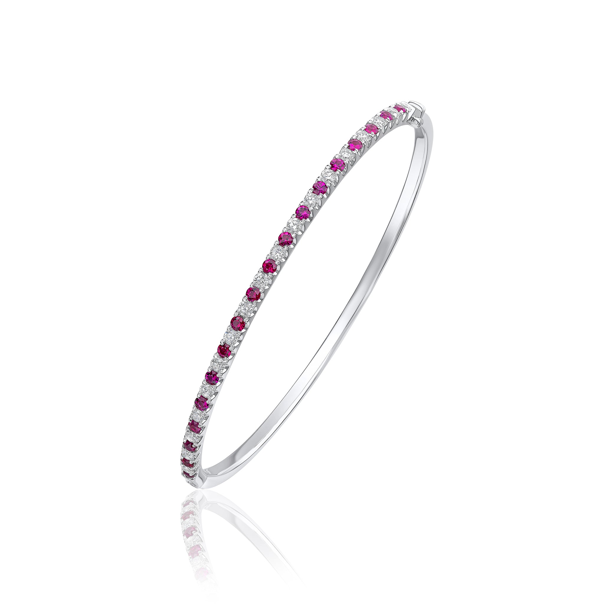 18ct White Gold Round Ruby & Diamond Claw Set Hinged Bangle