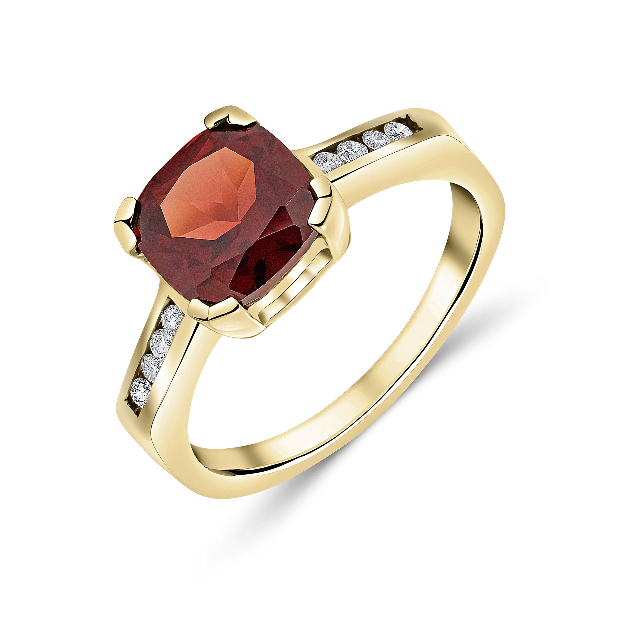 9ct Yellow Gold Claw Set Cushion Garnet Single Stone Ring with Channel Set Diamond Shoulders