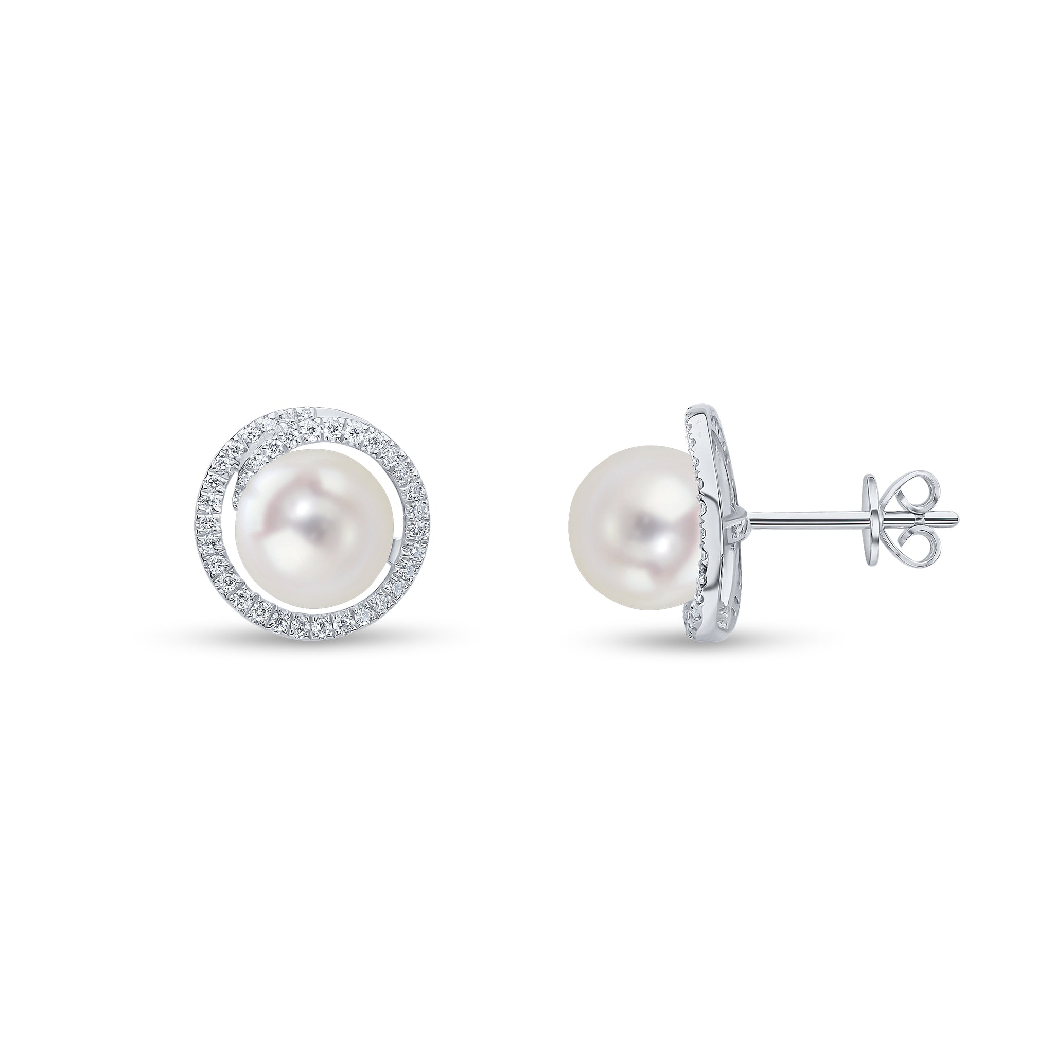 18ct White Gold Cfw Pearl and Round Diamond Round Swirl Cluster Earrings