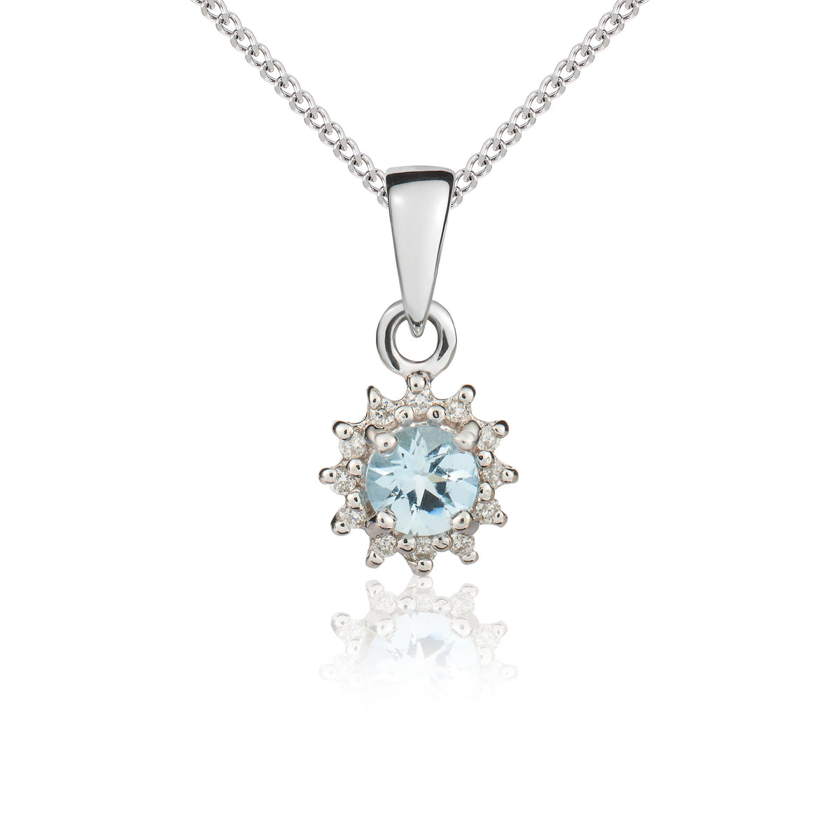 9ct White Gold Round 4mm Aquamarine & Diamond Cluster Claw Pendant