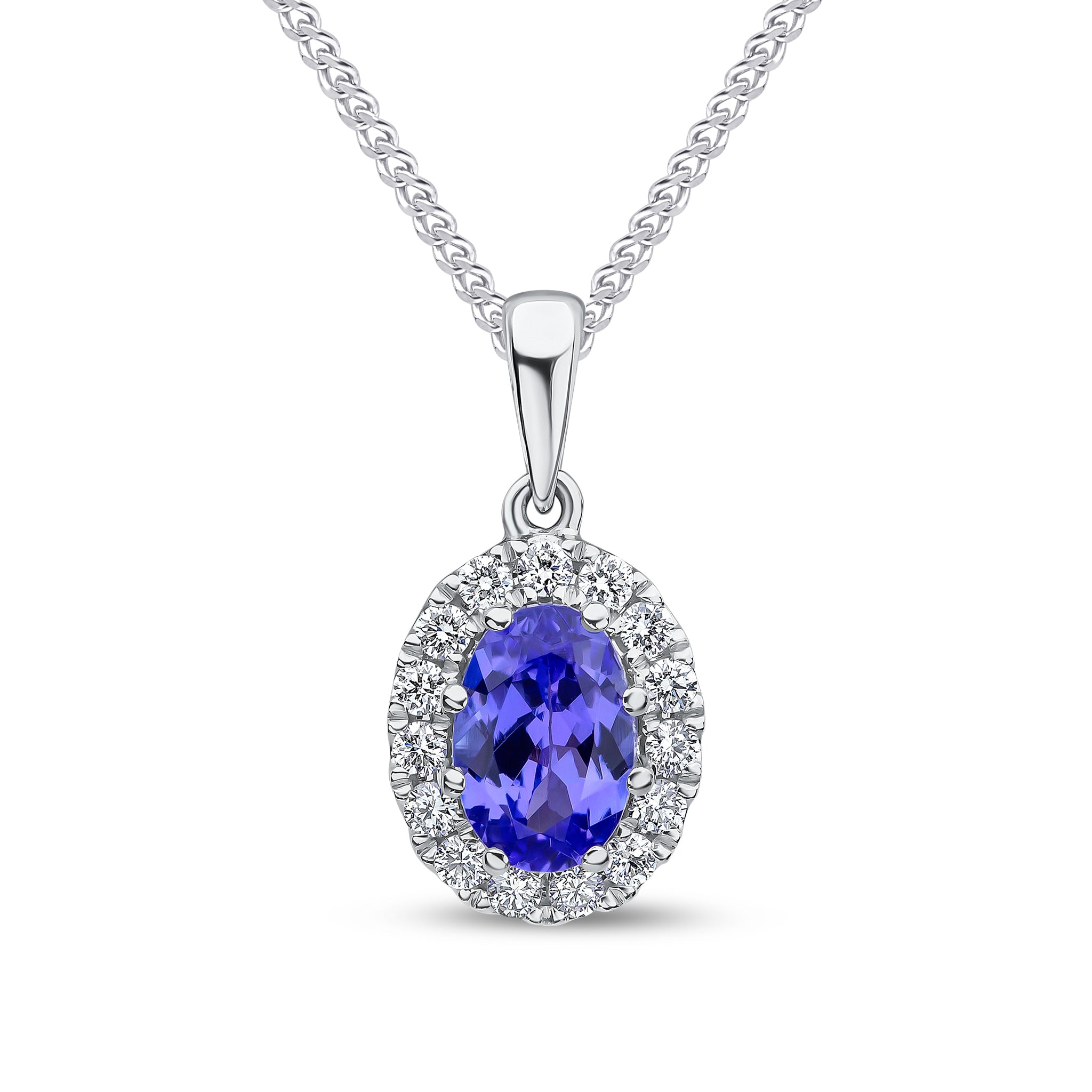 18ct White Gold 7x5 Oval Tanzanite and Diamond Claw Cluster Pendant