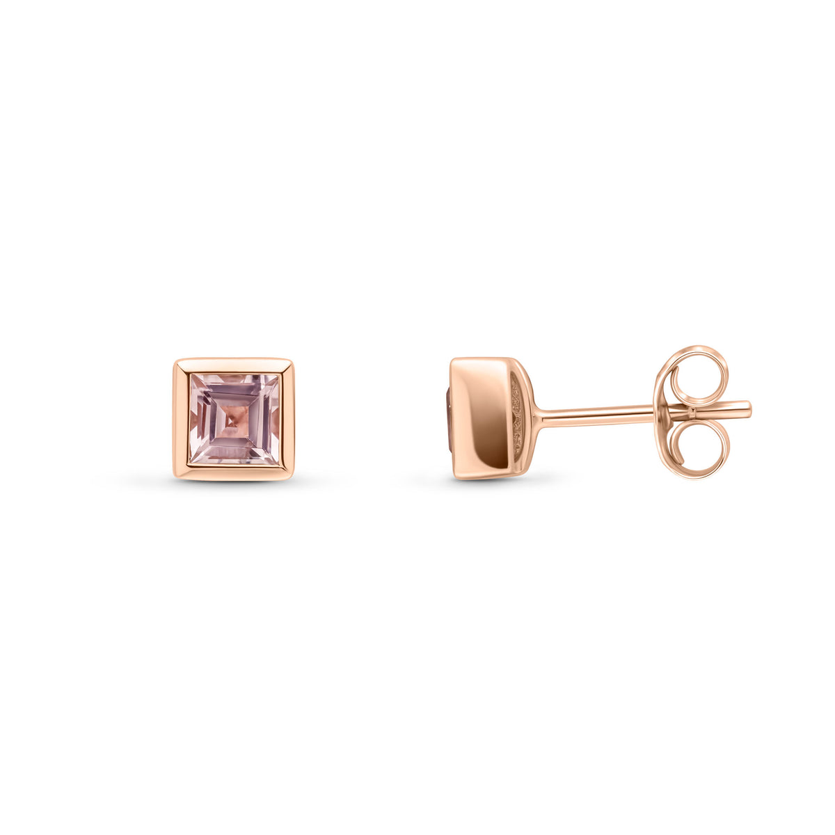 9ct Rose Gold 4mm Square Morganite Rubover Set Earrings