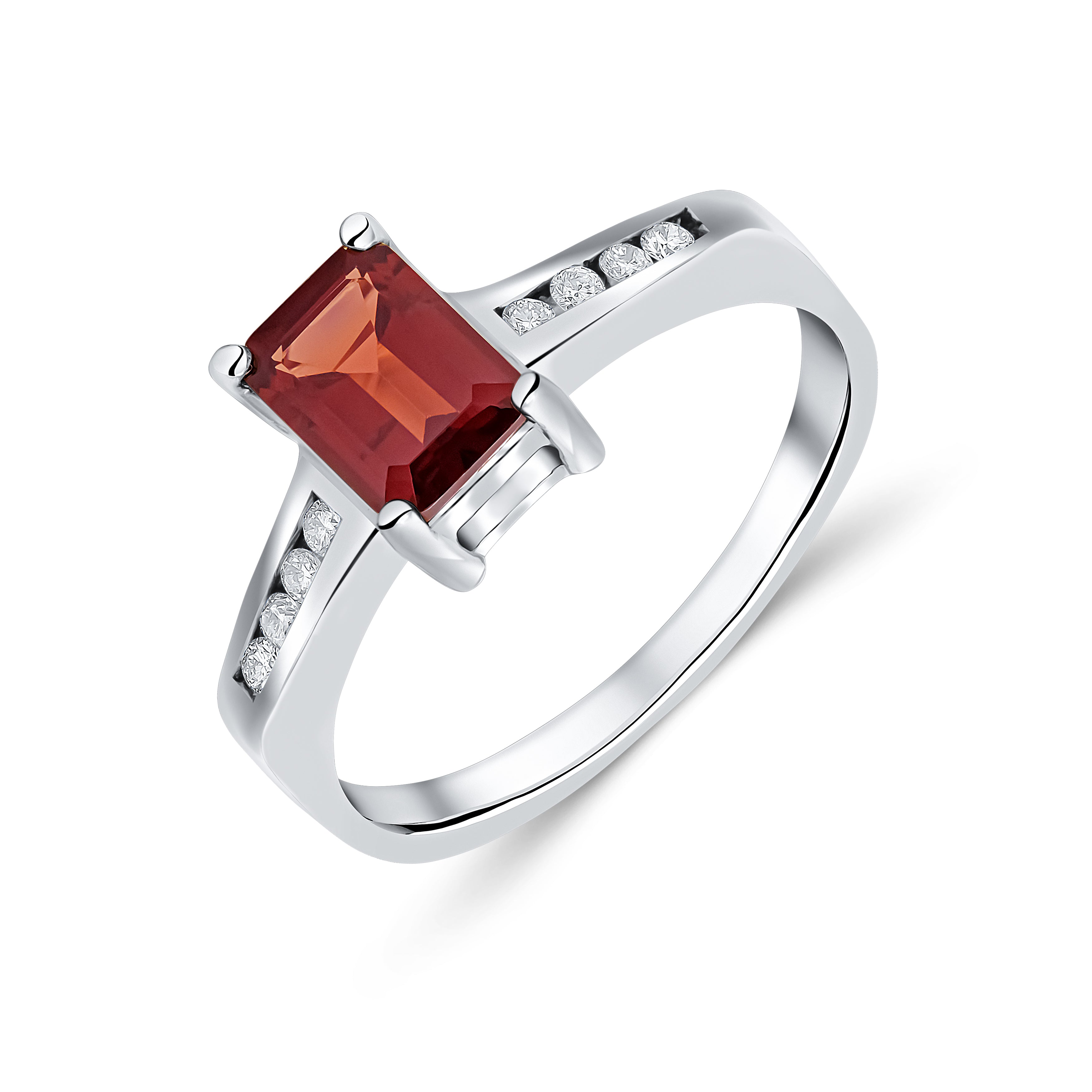 9ct White Gold 7x5 Octagon Garnet Claw Set Single Stone Ring with Channel Set Diamond Shoulders
