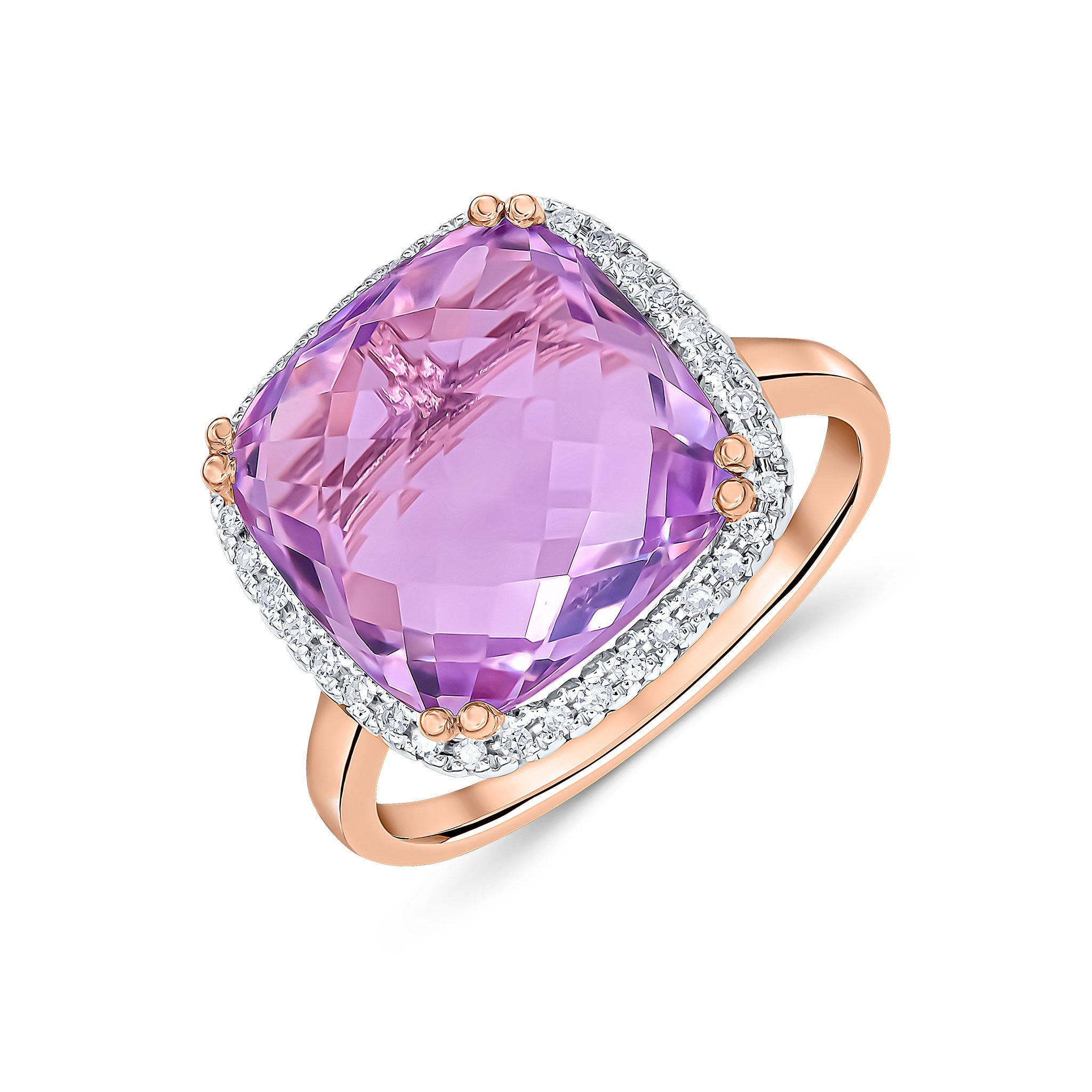 9ct Rose Gold 12mm Checkerboard Cut Cushion Pink Amethyst and Round Diamond Claw Set Cluster Ring Rhodium to Diamonds