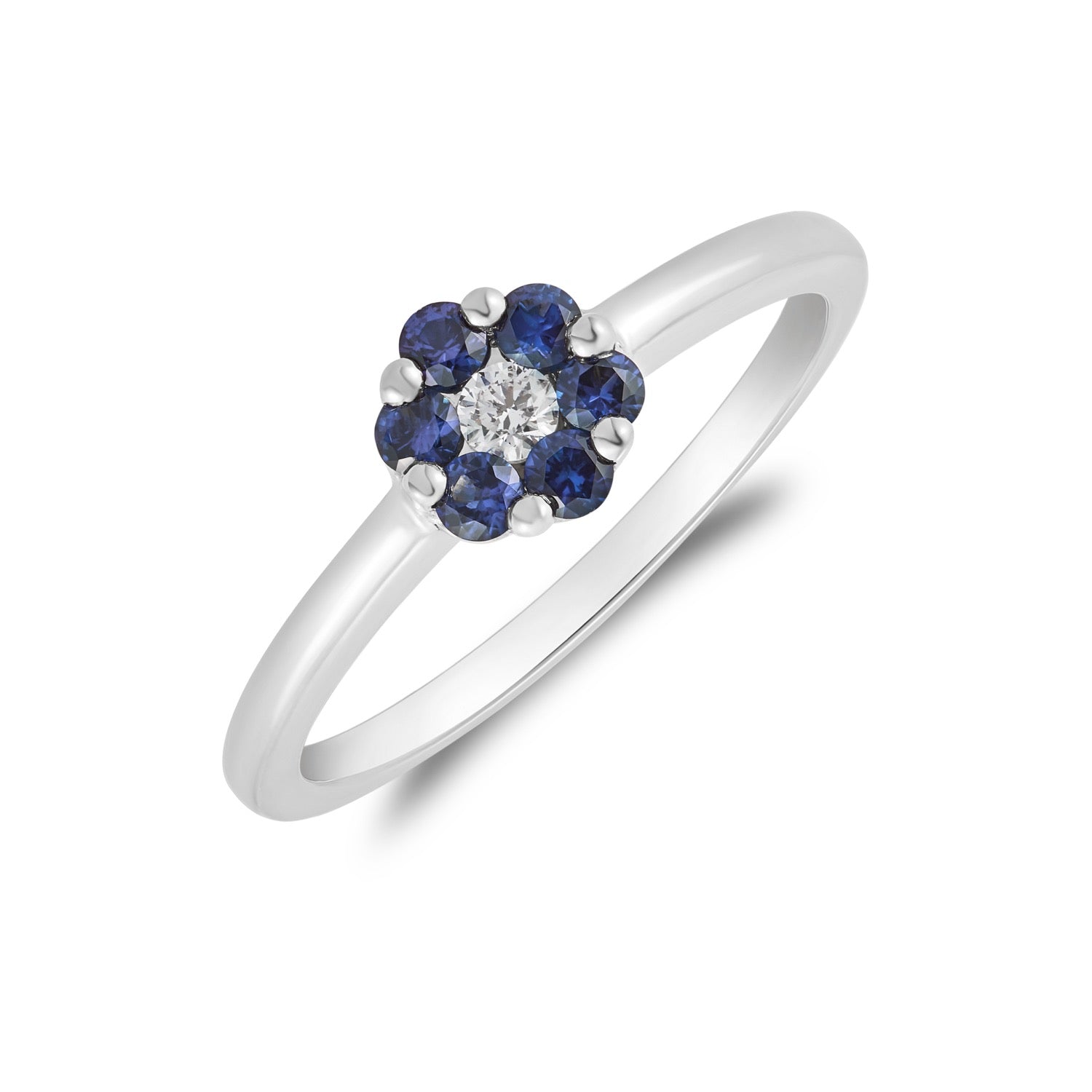 18ct White Gold Round Sapphire & Diamond Reverse Cluster Ring