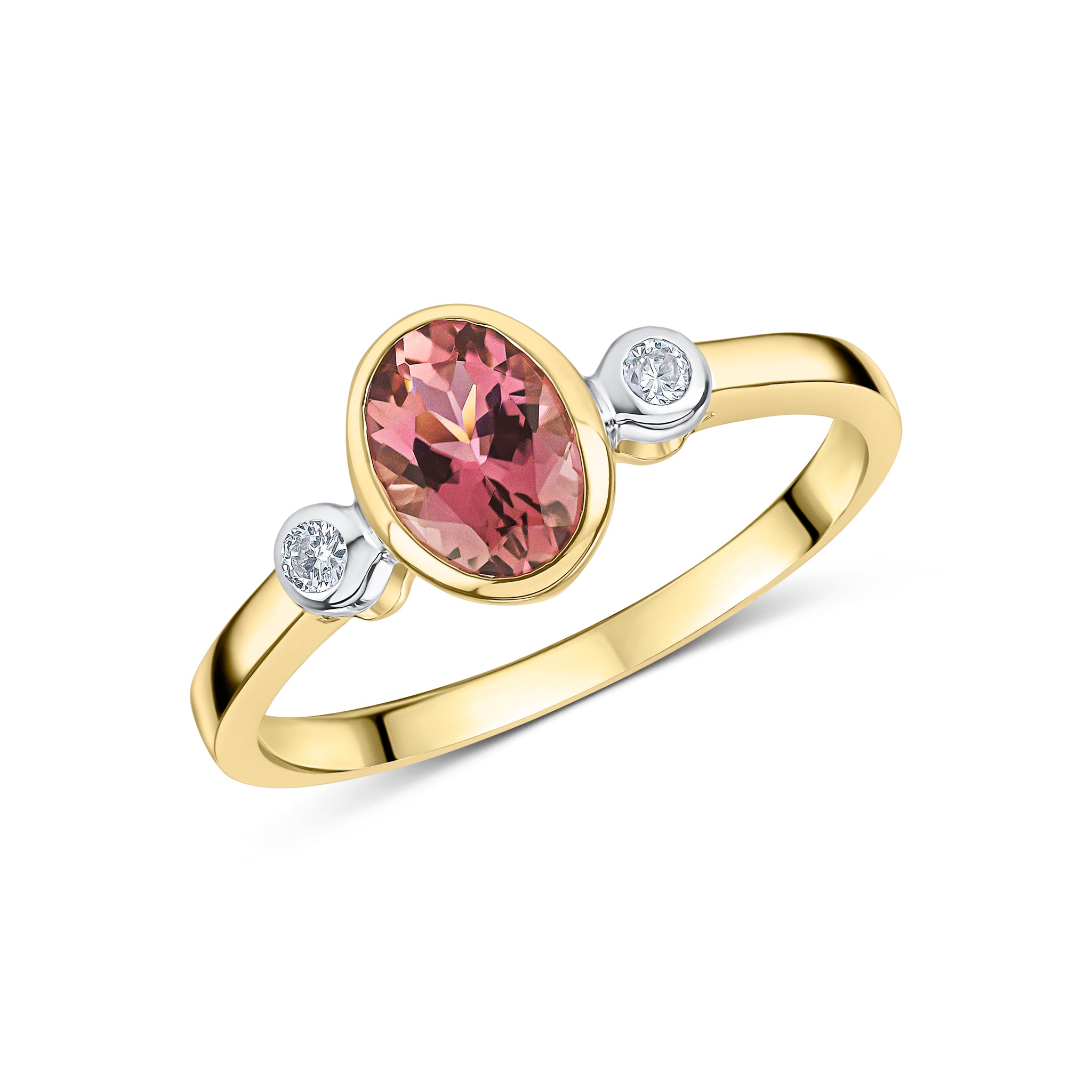 9ct Yellow Gold 7x5 Oval Pink Tourmaline and Round Diamond 3 Stone Rubover Ring Rhodium to Diamonds