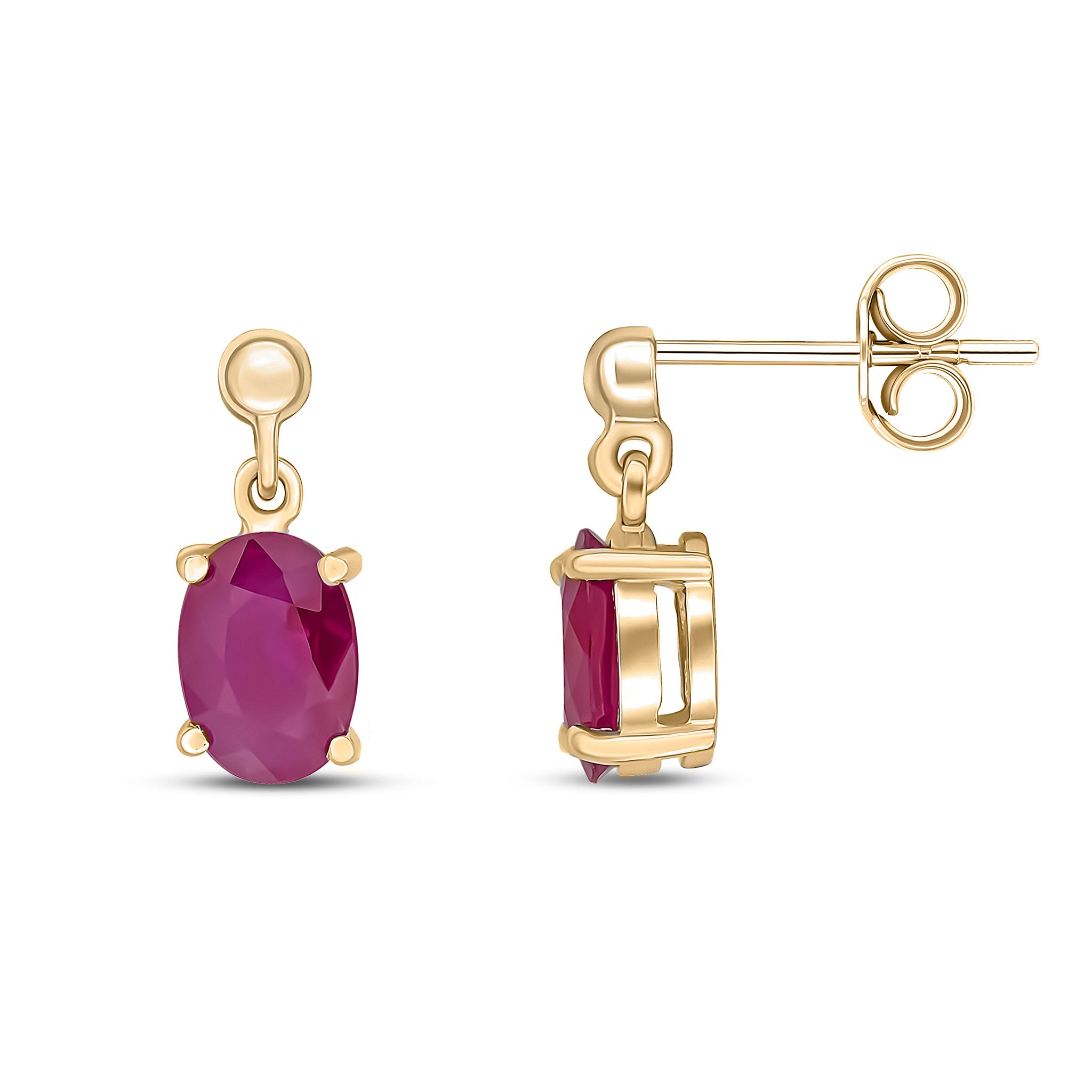 9ct Yellow Gold 7x5 Oval Ruby Claw Set Drop Earrings with Bead Top