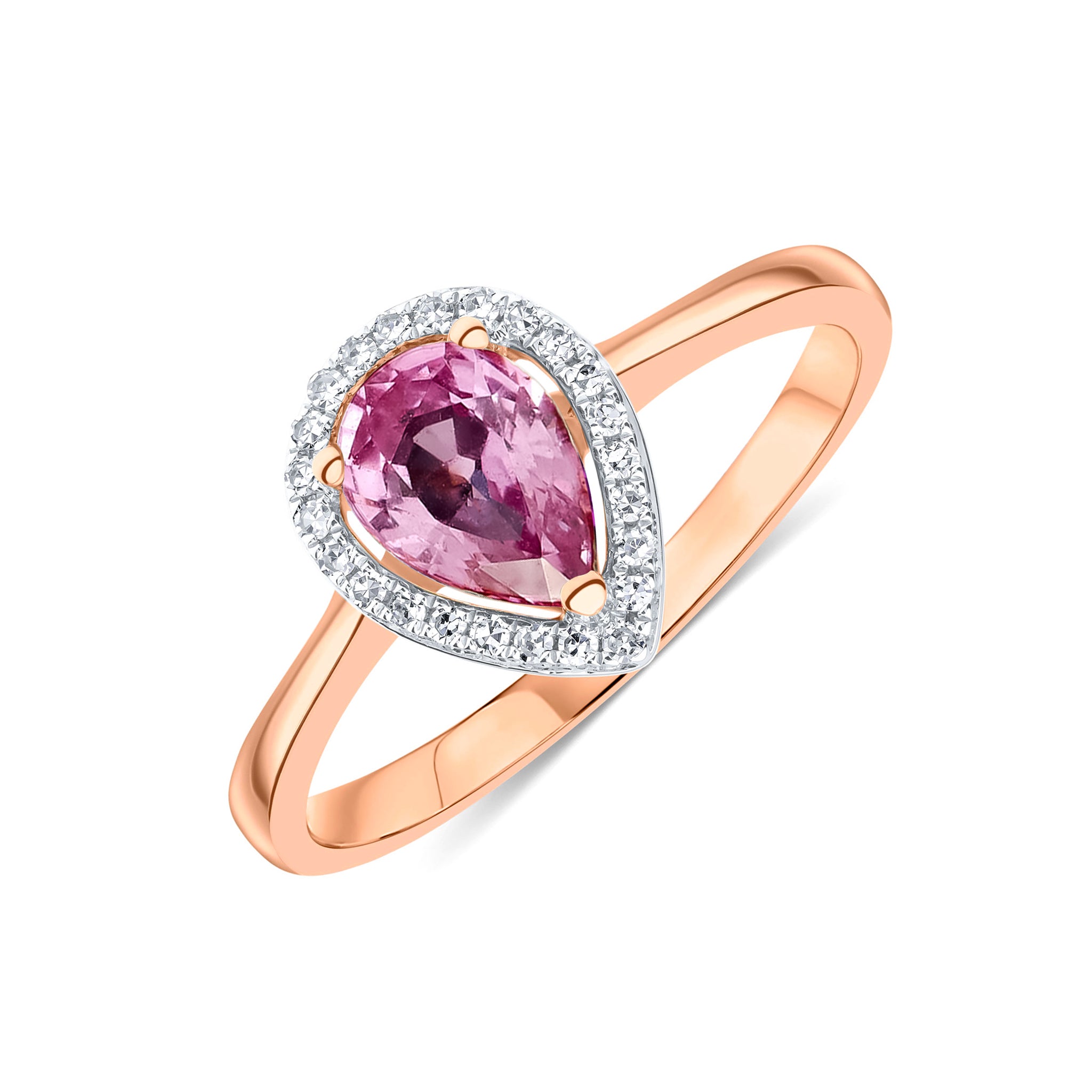 9ct Rose Gold 7x5 Pear Shape Pink Sapphire & Diamond Halo Claw Cluster Ring Rhodium to Diamonds