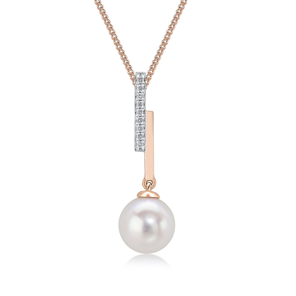 9ct Rose Gold Prl & Diamond Double Bar Pendnt