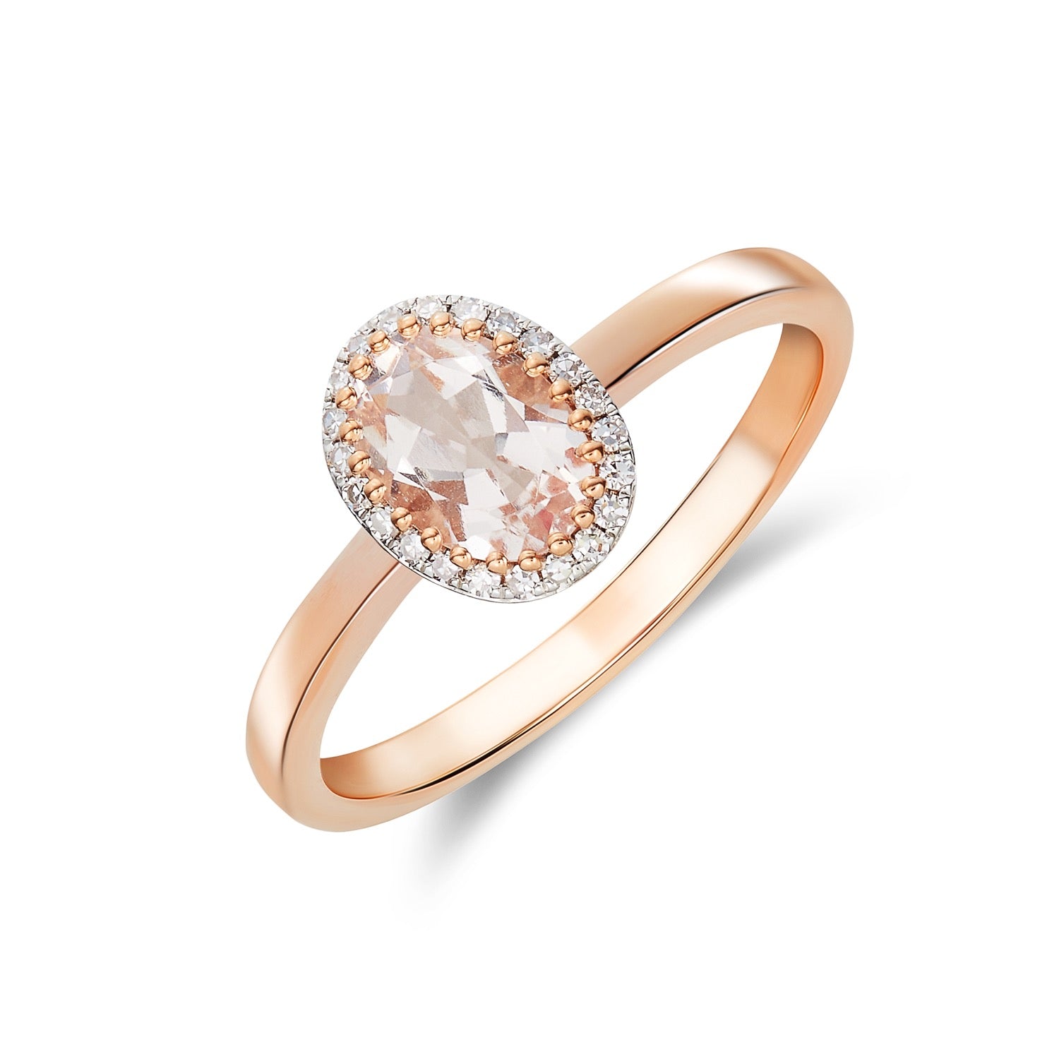 9ct Rose Gold Oval Morganite and Round Diamond Claw Set Cluster Ring Rhodium to Diamonds