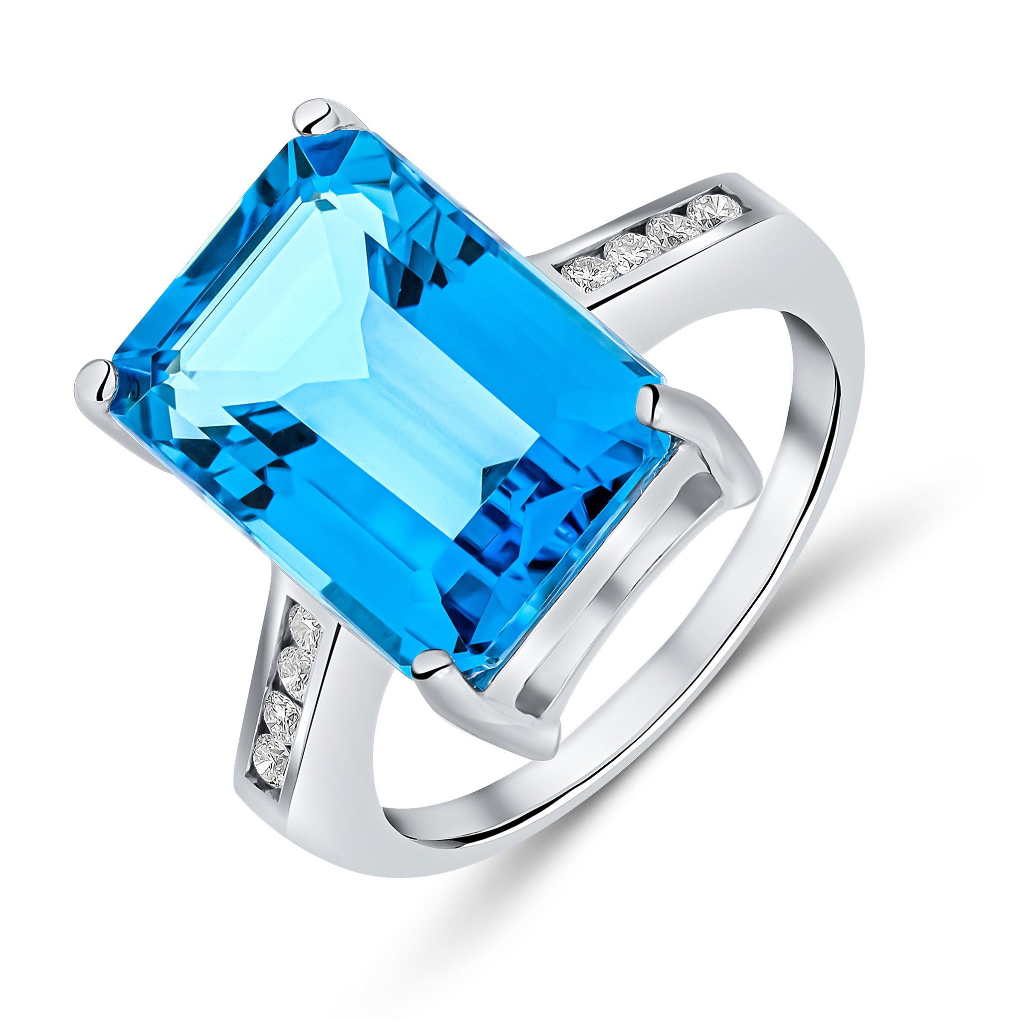 9CT WG CLAW SET 14X10 OCTAGON SWISS BLUE TOPAZ SINGLE STONE RING WITH ROUND DIAMOND CHANNEL SET SHOULDERS 1