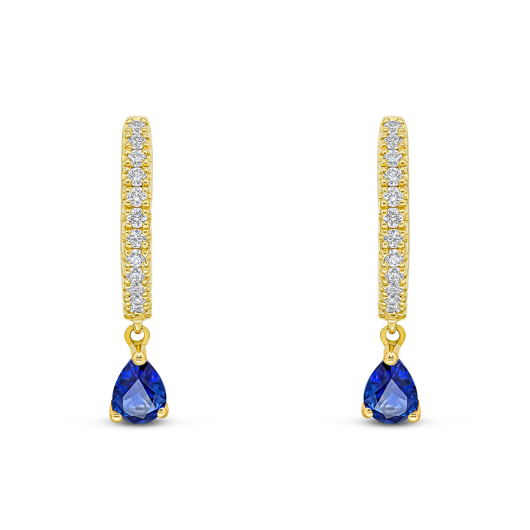 18ct Yellow Gold Claw Set Diamond Hoop Earrings with Pear Shape Sapphire Drop