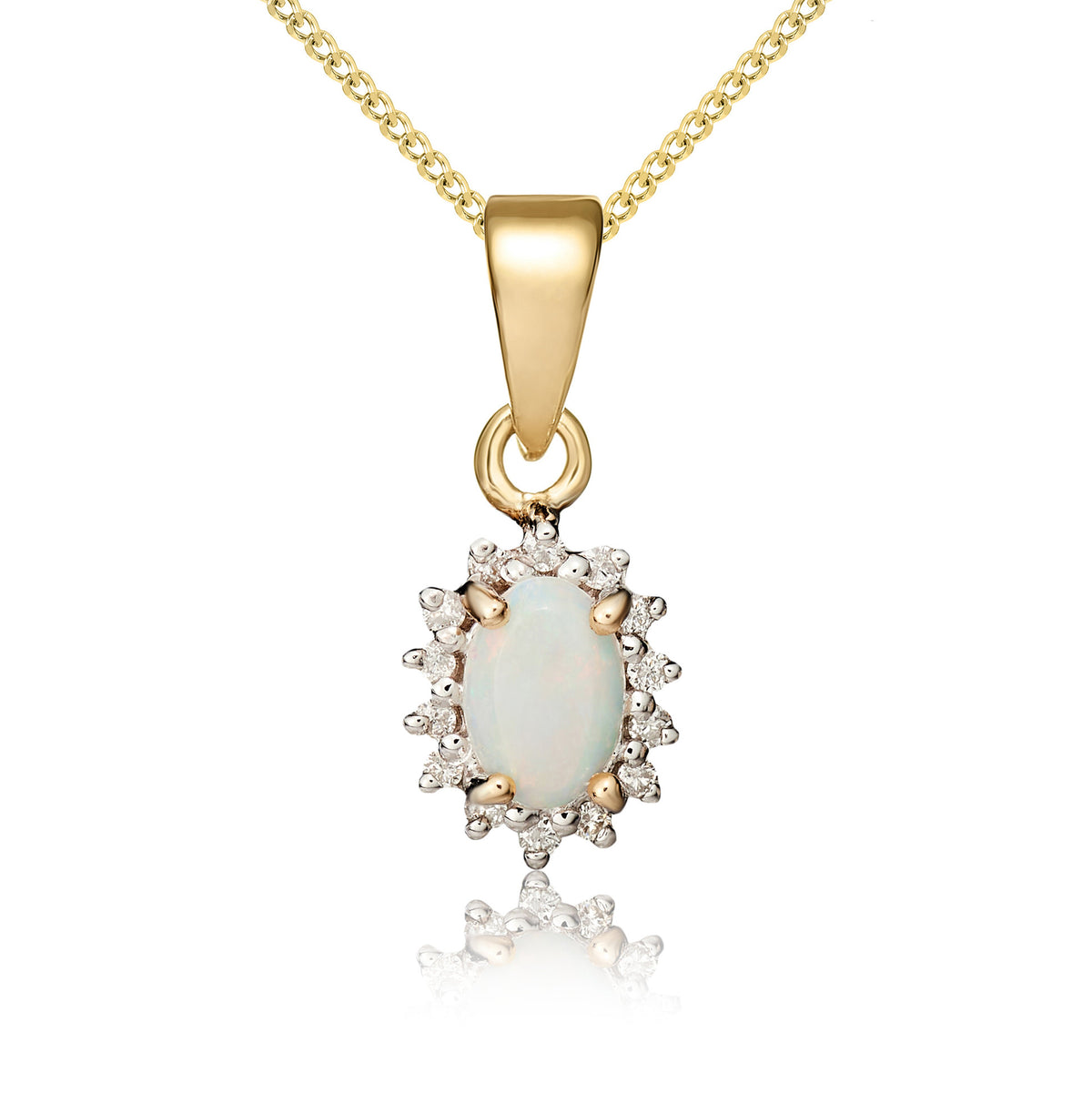 9ct Yellow Gold 6x4 Oval Opal & Diamond Claw Set Cluster Pendant