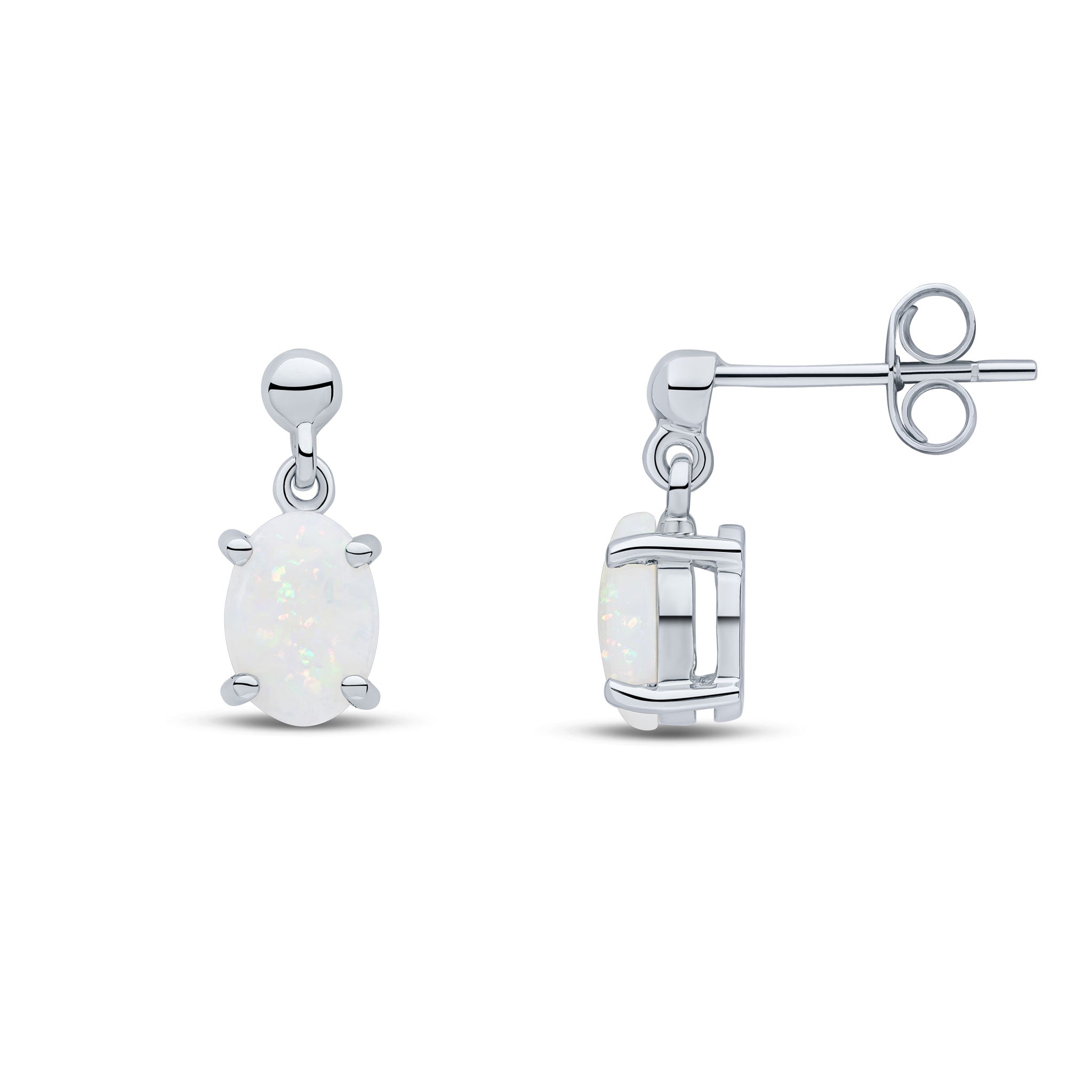 9ct White Gold 7x5 Oval Opal Claw Set Drop Earrings with Bead Top