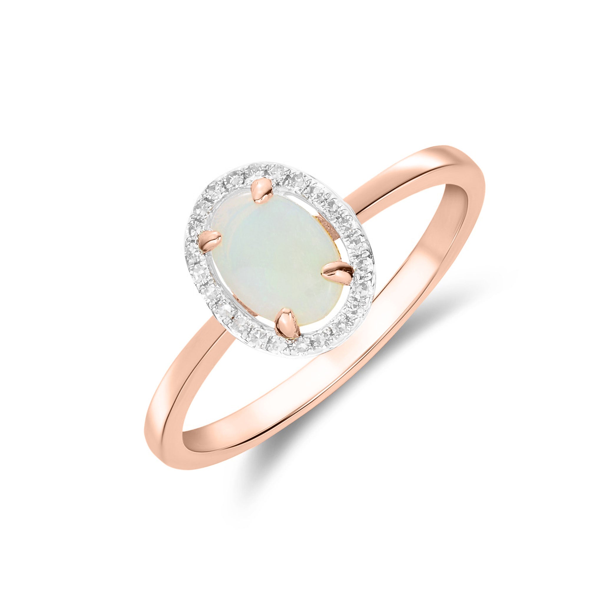 9ct Rose Gold 7x5 Oval Opal & Diamond Halo Claw Set Cluster Ring Rhodium to Diamonds