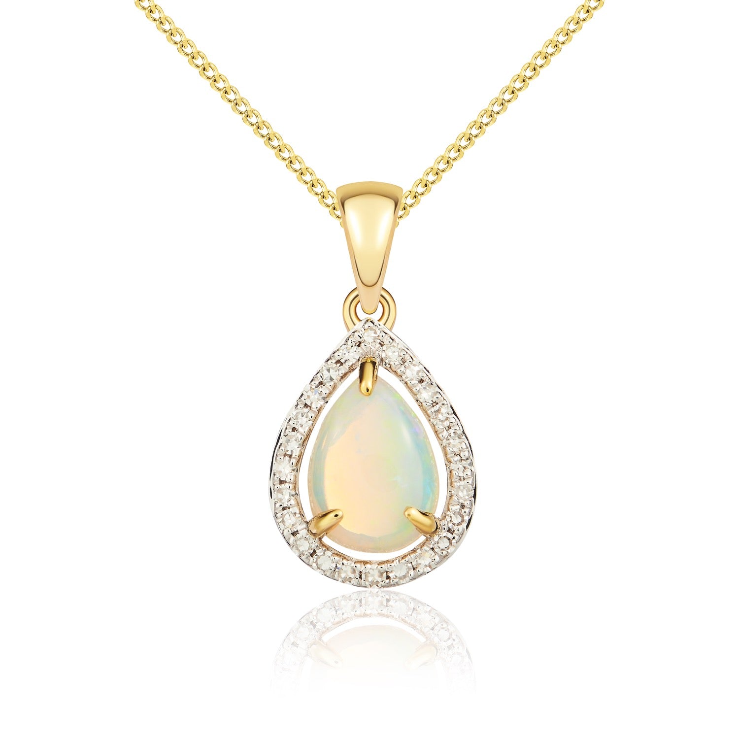 9ct yellow gold 7 x 5mm pear shape Opal & diamond Halo Claw cluster pendant