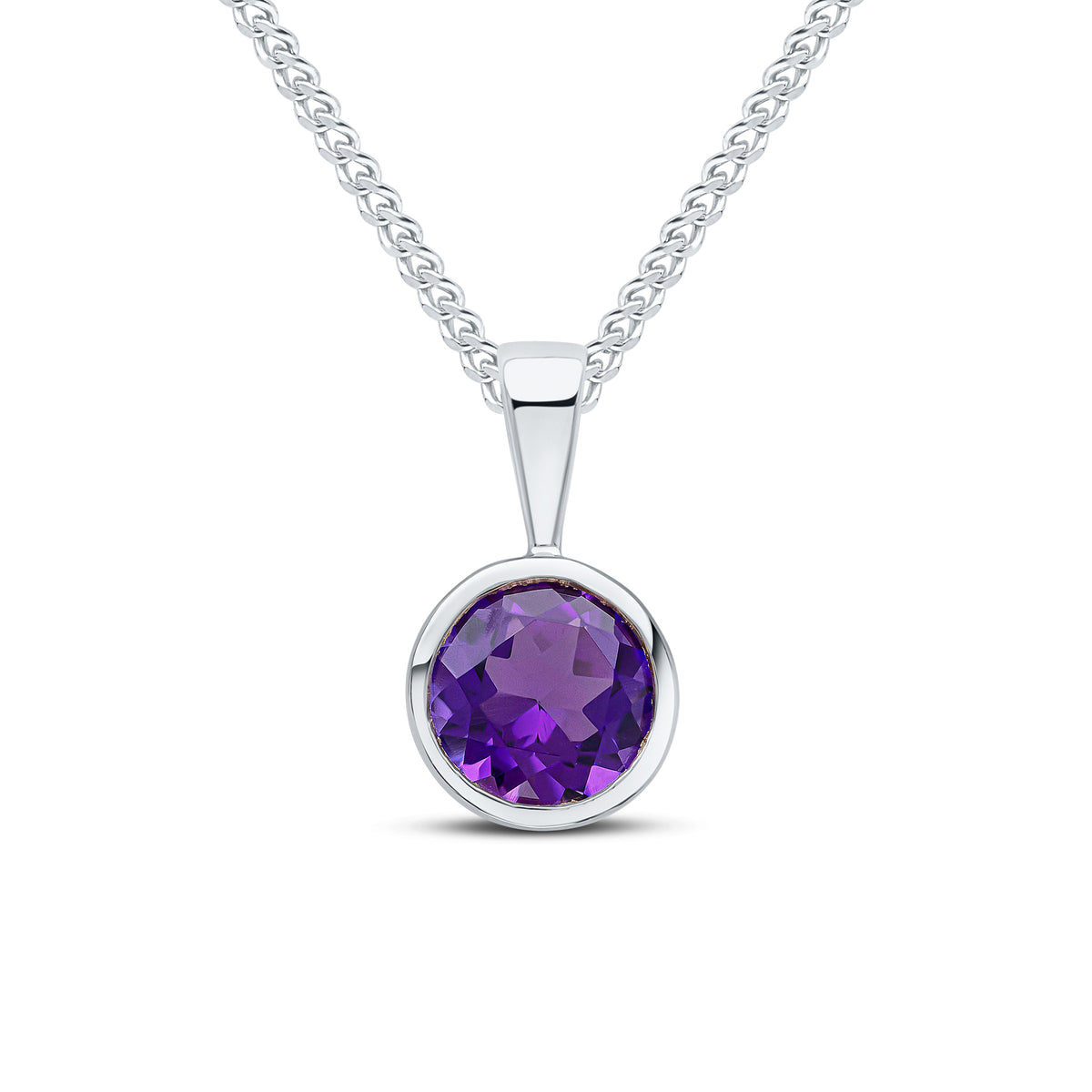 9ct White Gold 6mm Round Amethyst Rubover Pendant